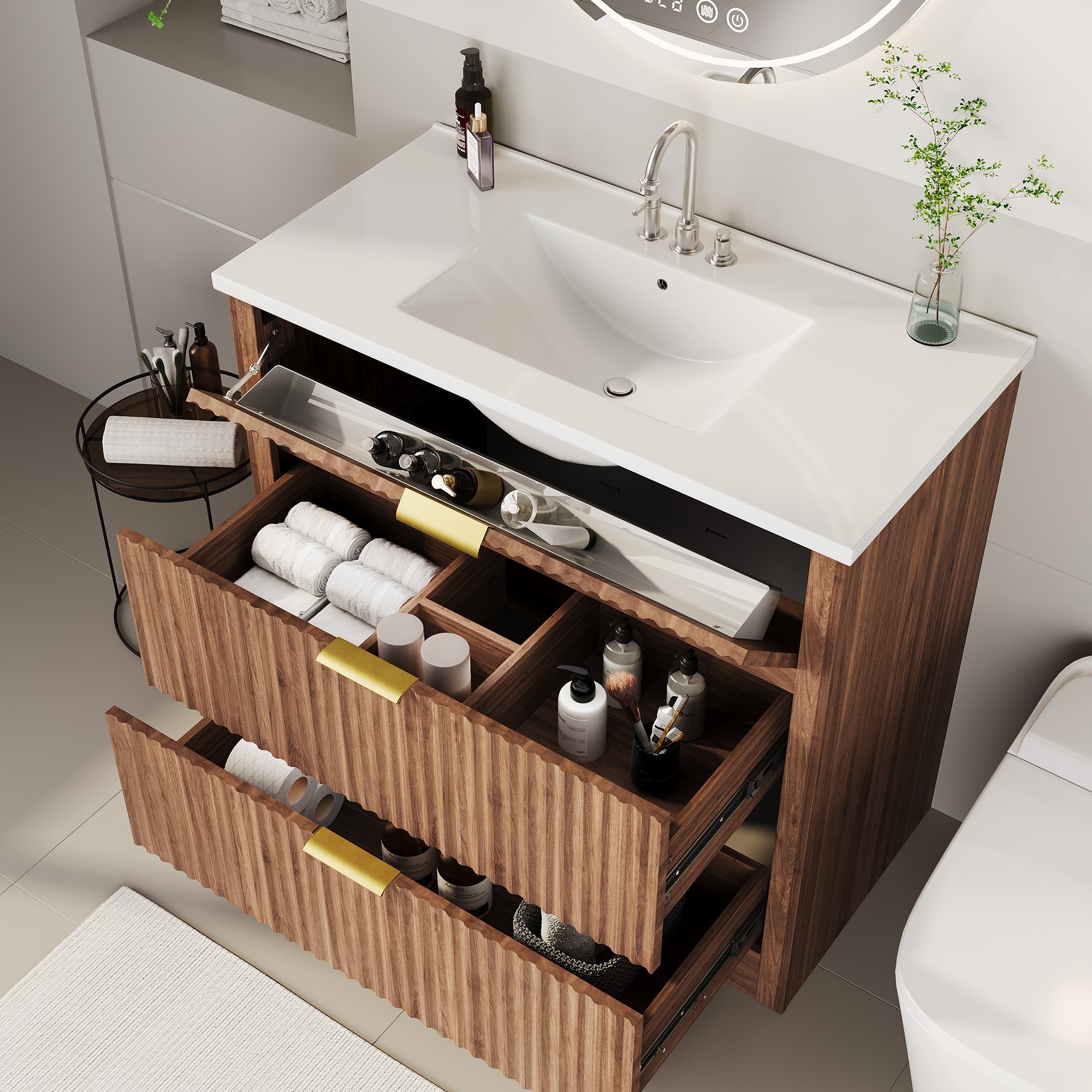 Garvee 36 Inch Bathroom Vanity with Sink 3 Drawer Storage Cabinet with Gold Handles and Fluted Design for Bathroom