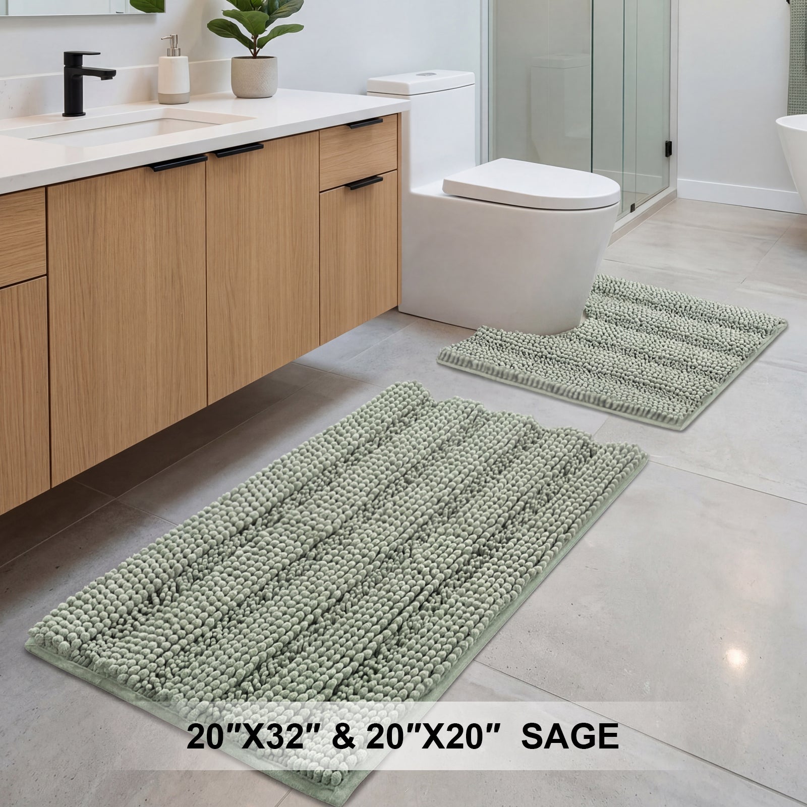  2Piece Sage Chenille Bath Rug Set ExtraThick Striped Shaggy Bath Mats with NonSlip Backing 20 x 32 in