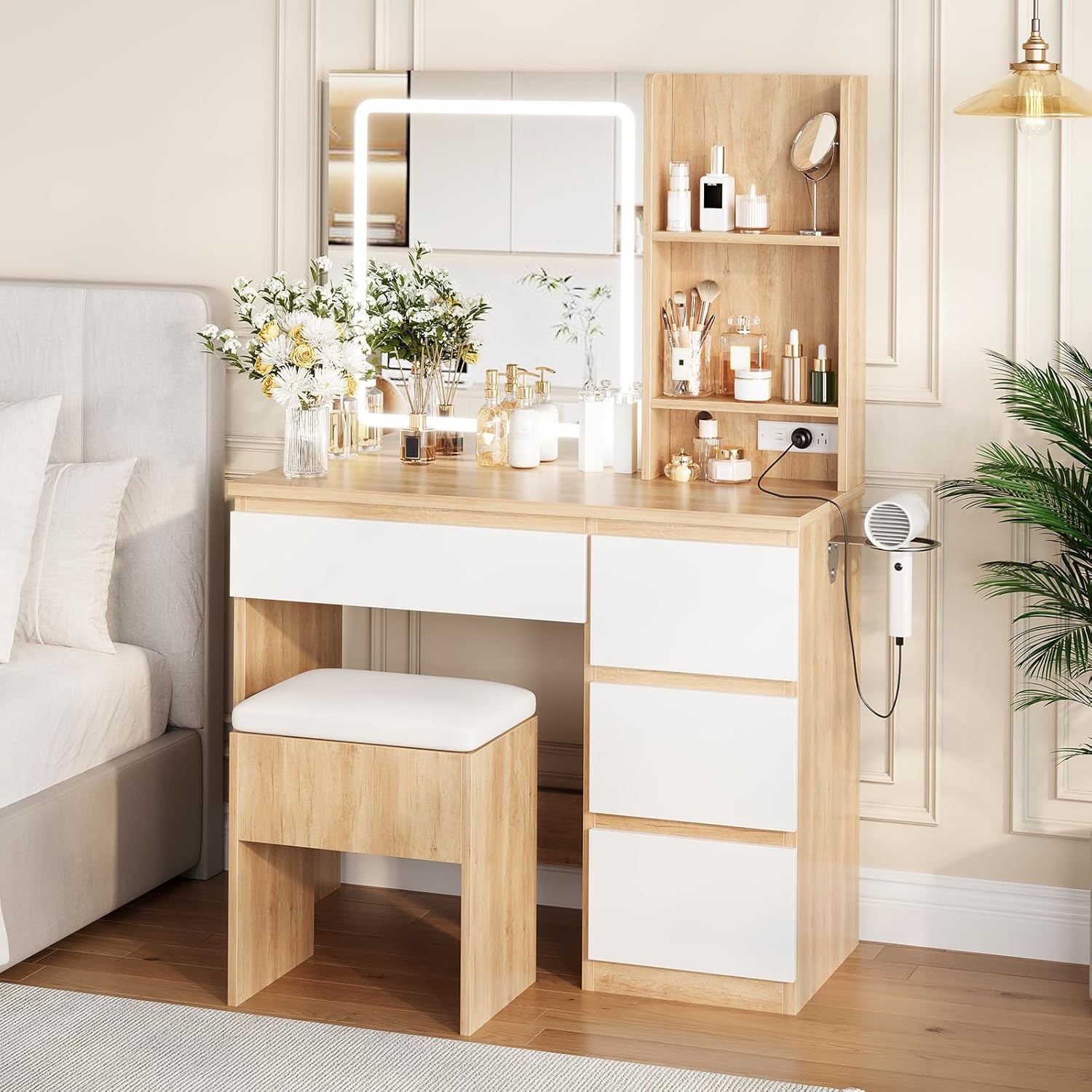 Qeetex LHF-SZT-PHK-33JCC7DX Vanity Desk with Mirror and Lights - Modern Makeup Dressing Table with Outlets/Storage Stool/4 Drawers and Hair Dryer Holder - 3 Colors LED Vanity Mirror - Vanities for Bedroom - Natural