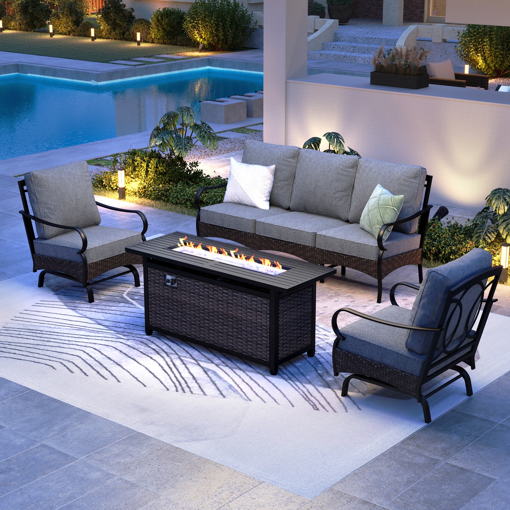 Sunshine Valley CR001-11-5-GS103-GR Patio Furniture Set with Fire Pit 4 -Piece Wicker Patio Sofa Conversation Set with Gray CUSHION PRO Cushions