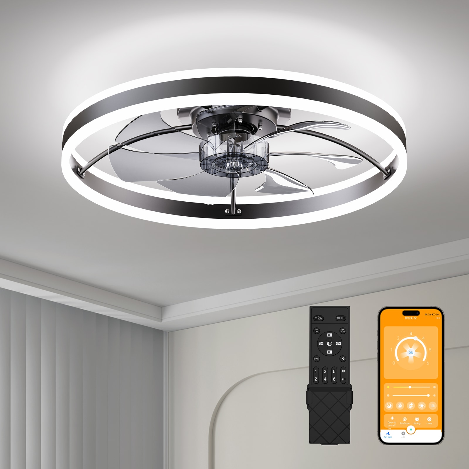 JUSJUBR Modern Metal Smart Ceiling Fan with LED Light Seven Blades Six ...