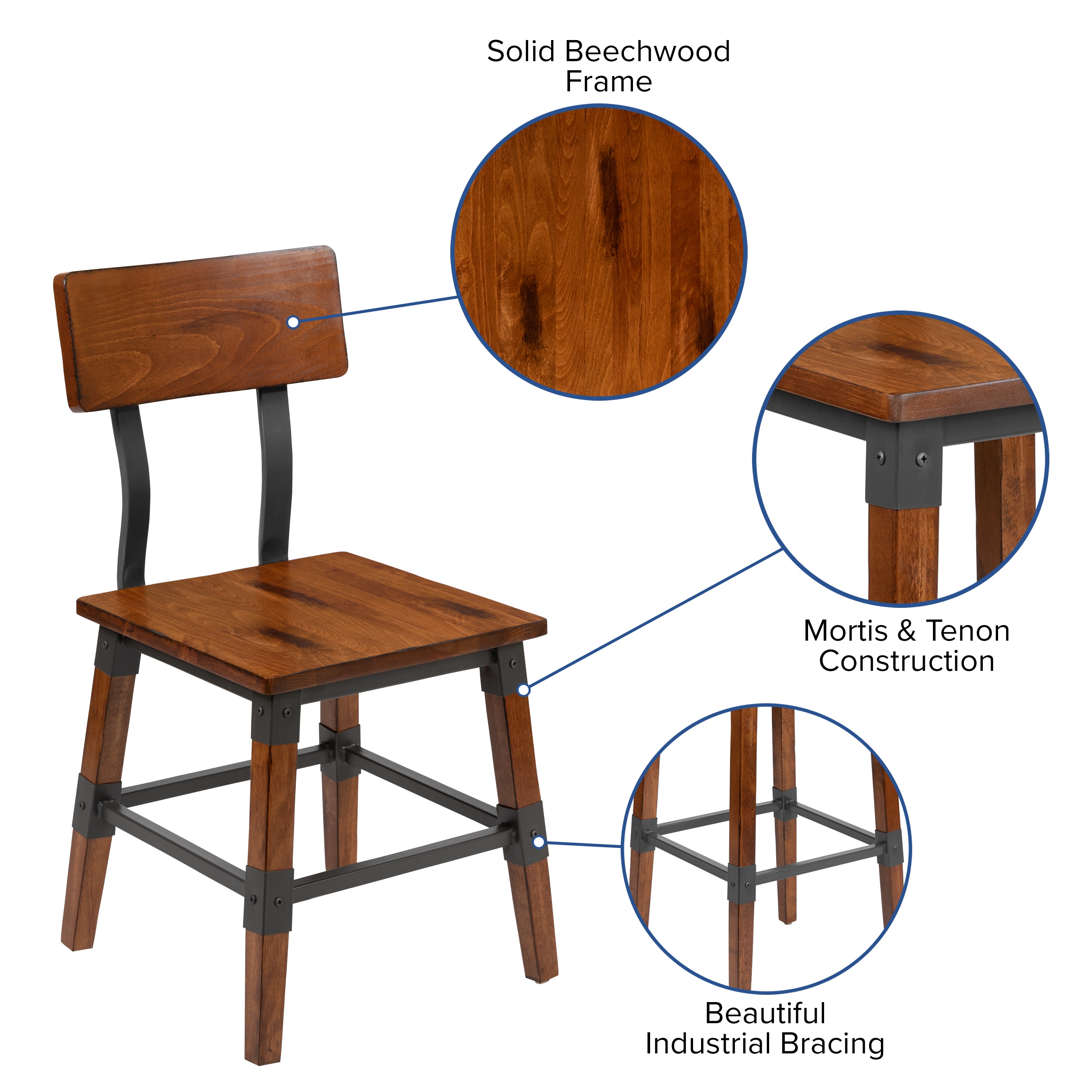 Rustic Antique Walnut Solid Beechwood Side Chair - Set of 2