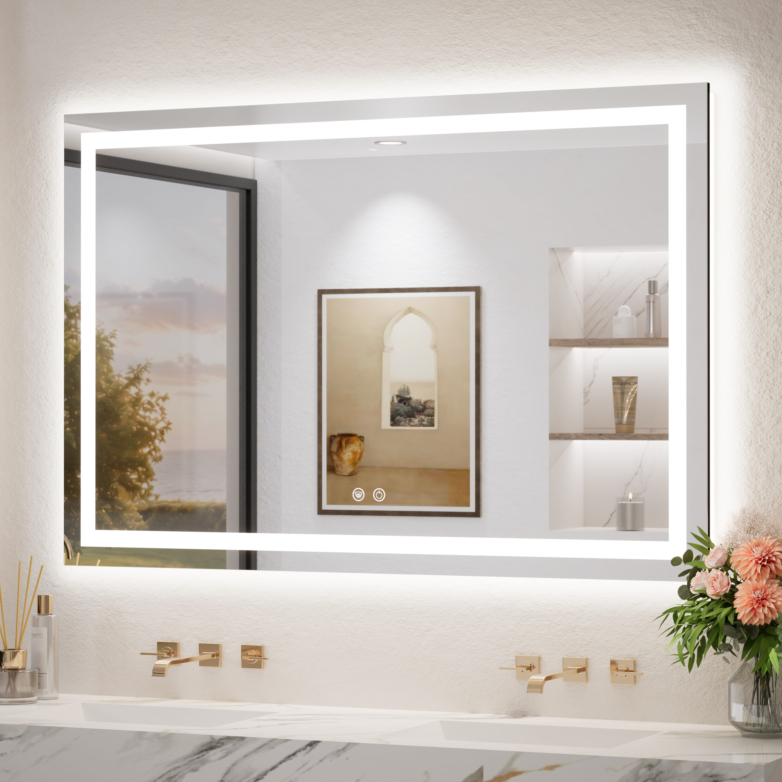 TETOTE 48x32 Inch LED Bathroom Vanity Mirror Tempered Glass Front And Backlit Dimmable 3 Color Lighted Mirror with Lights Anti-fog Memory Function Frameless