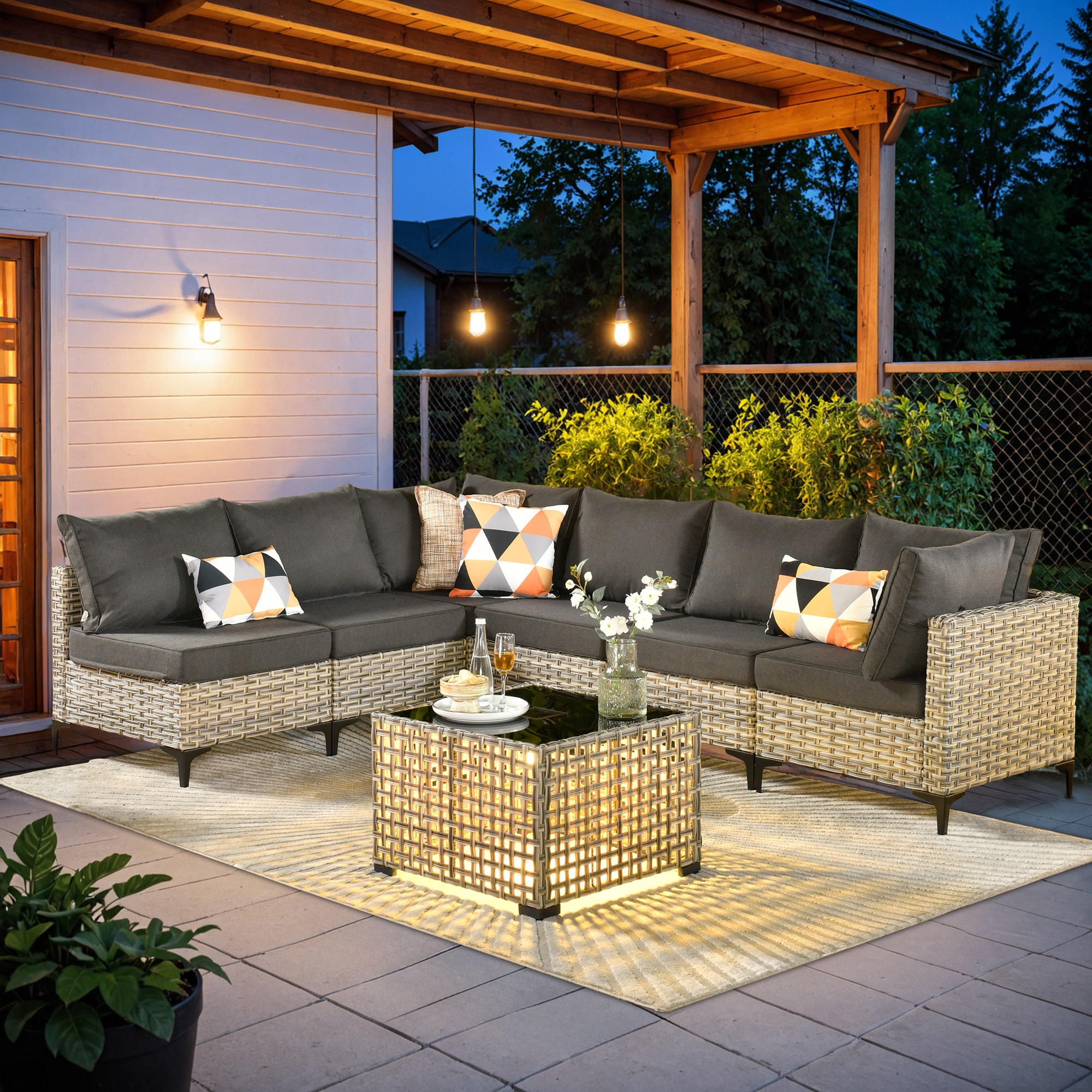 Caodoc L5-SKT107-1 SKT Wicker Outdoor Sofa with Black Cushions and Wicker Frame