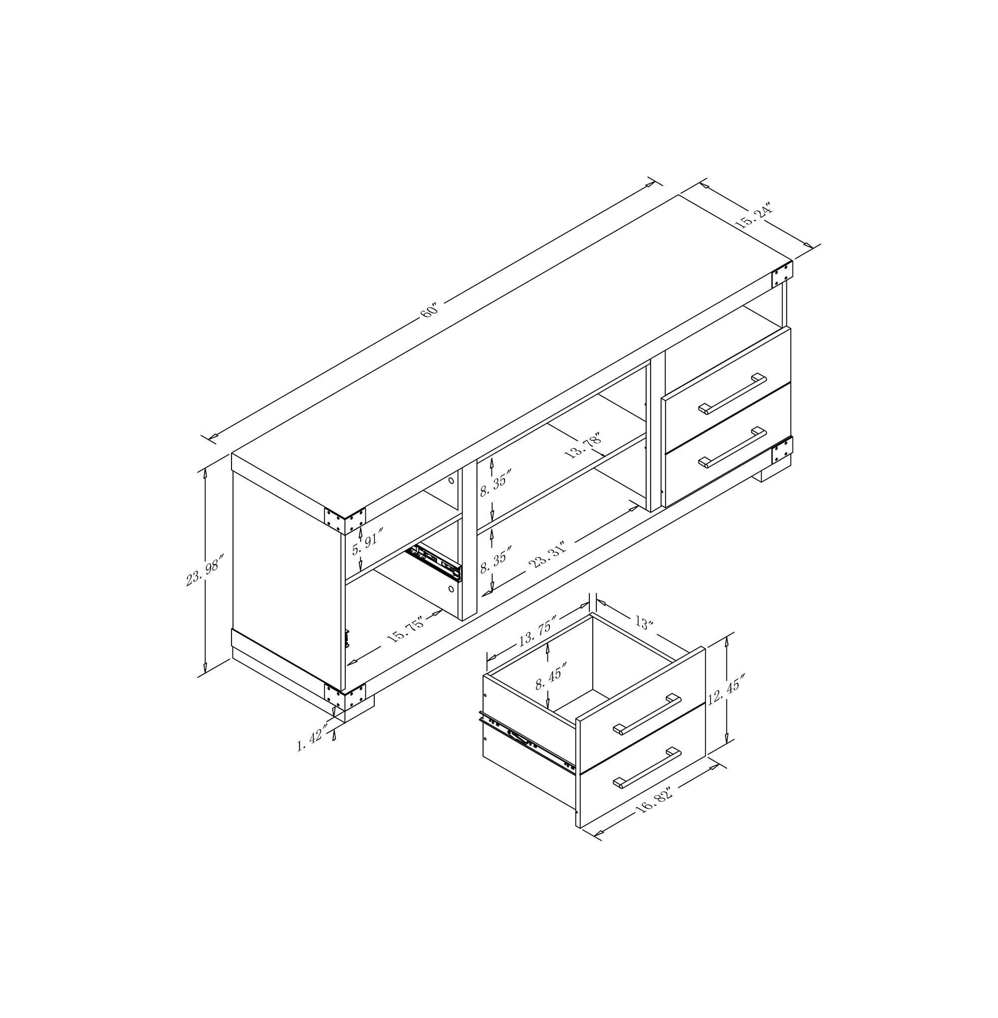 Gray Engineered Wood TV Stand with Drawers and Shelves