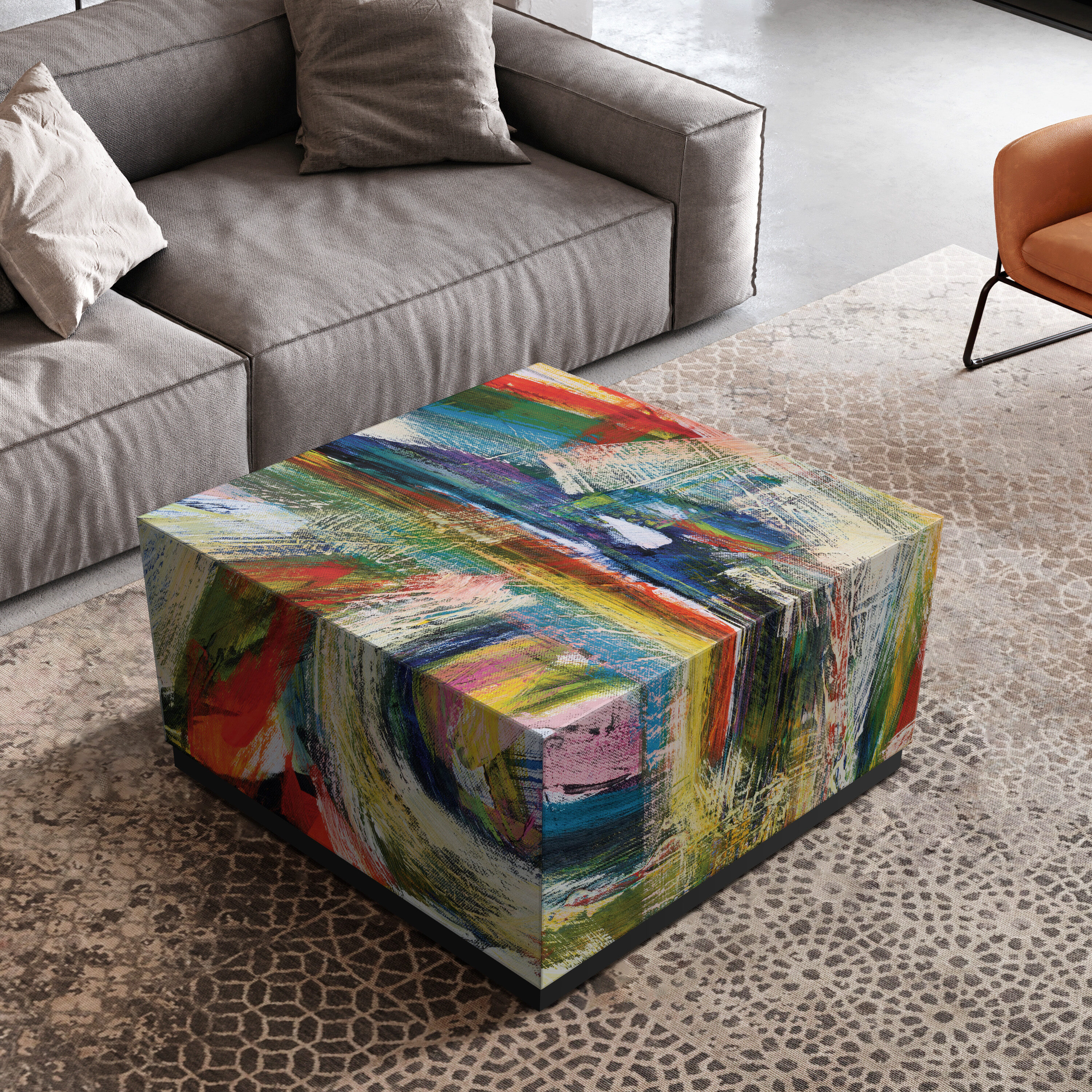 Abstract Multicolor Glass and Wood Cocktail Table