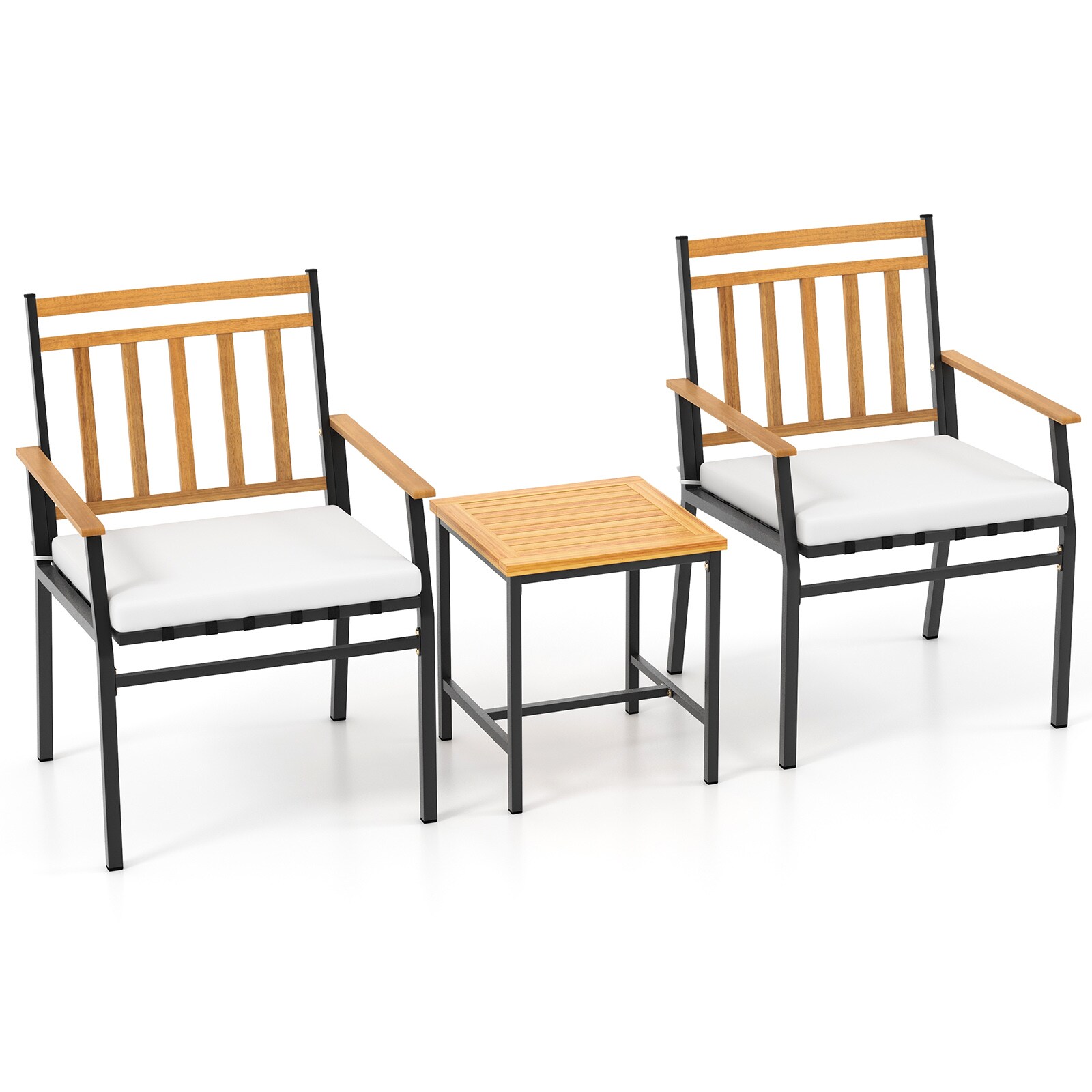 Acacia Wood and Metal 3-Piece Patio Set with Off-White Cushions