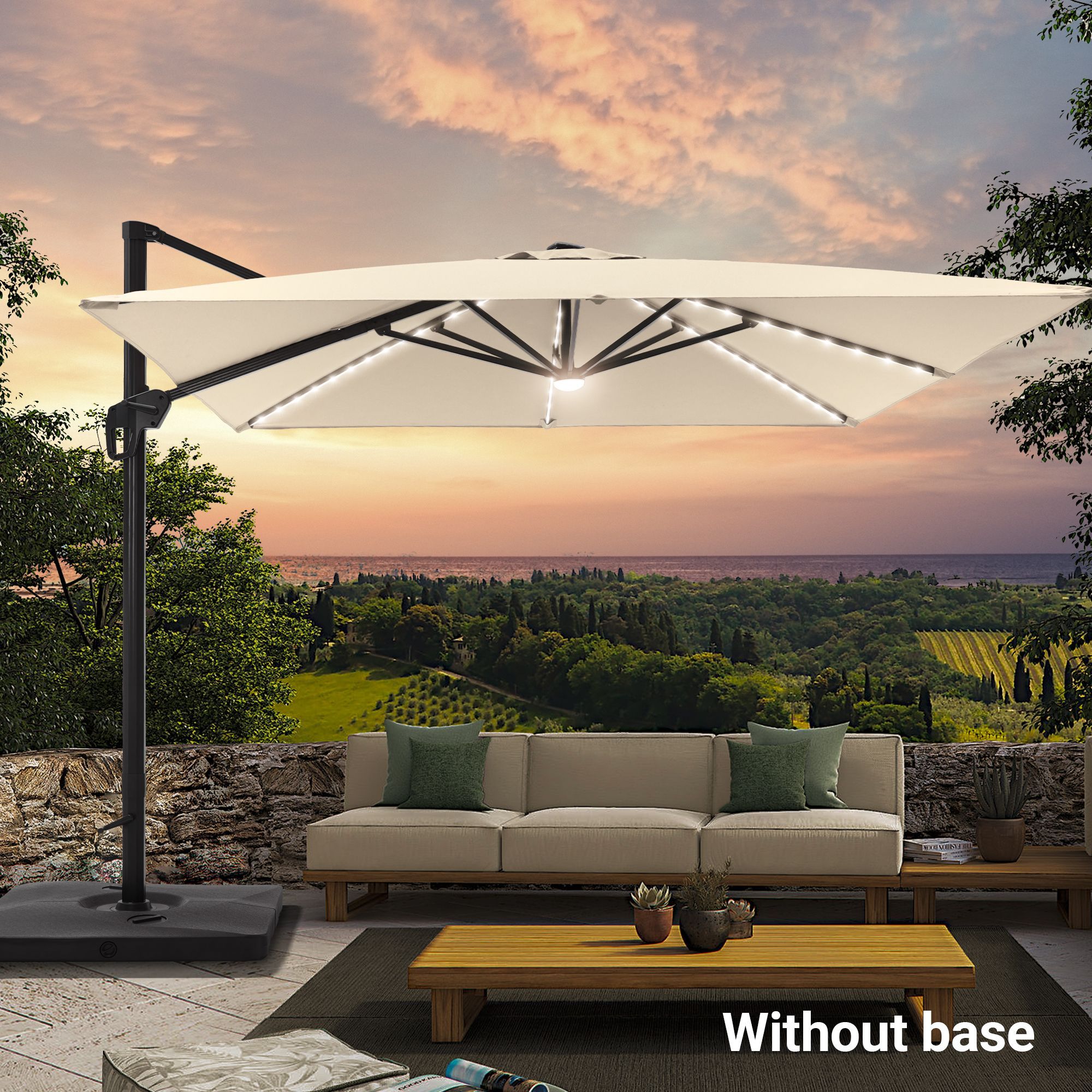 Sonkuki SD-LEDNB33-SD 10-Feet Aluminum Tan No-tilt Cantilever Patio Umbrella with Lights and