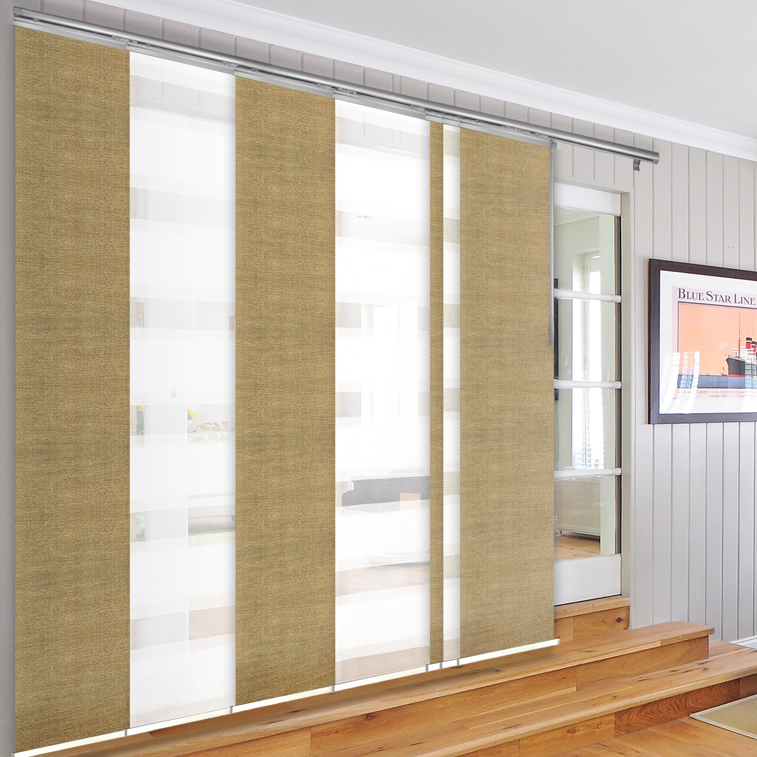 Hart & Harlow L-T24-7-3P13A-4P35A 7-panel combo 0.3-in Slat Width 23.5-in x 94-in Cordless Satin Nickel Aluminum Light Filtering Vertical Blinds