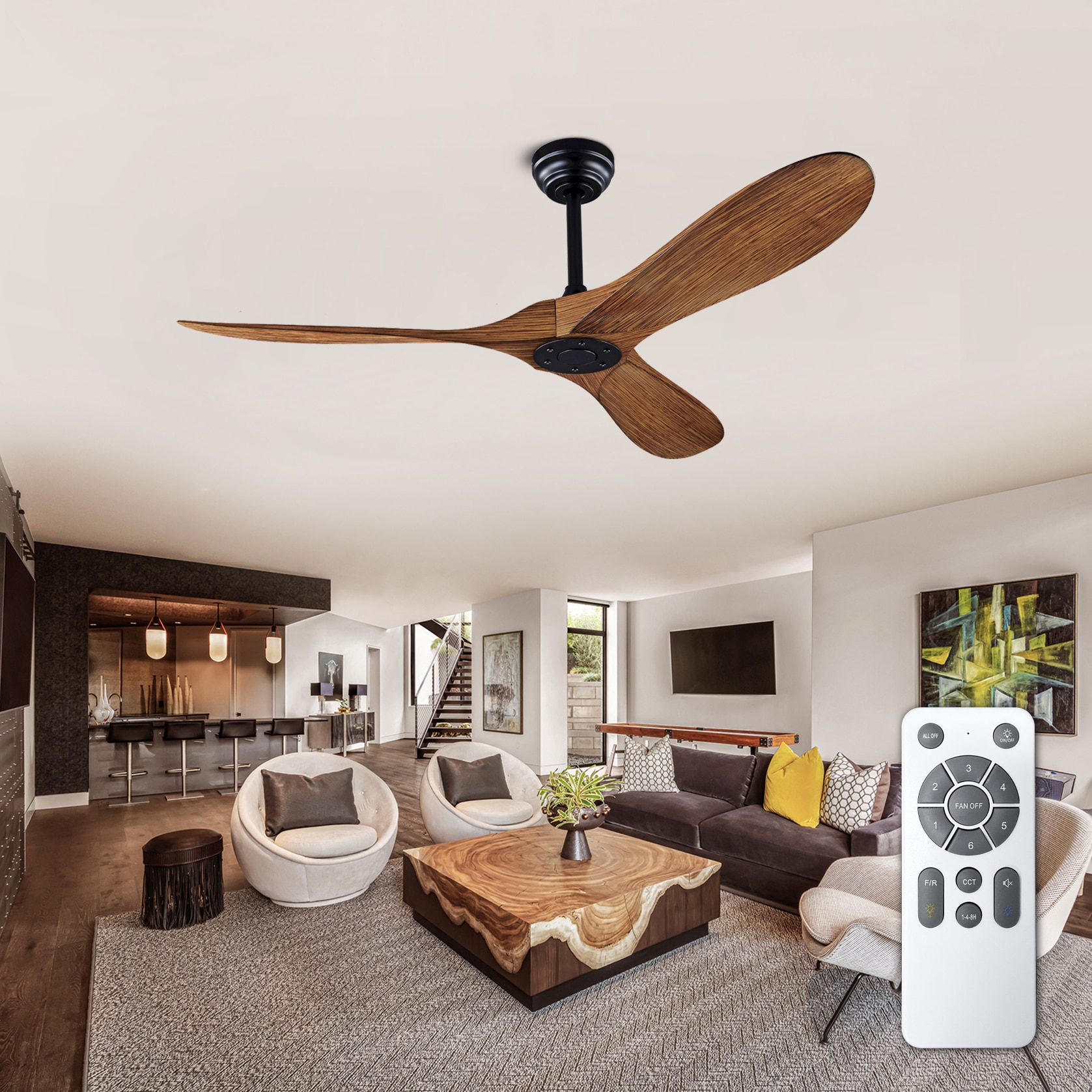 YOTOO 52 Inch ABS Wood Grain Ceiling Fan No Light APP and Remote Control DC Motor Reversible with 5 and 10 Inch Downrods for Indoor Bedroom Living Room