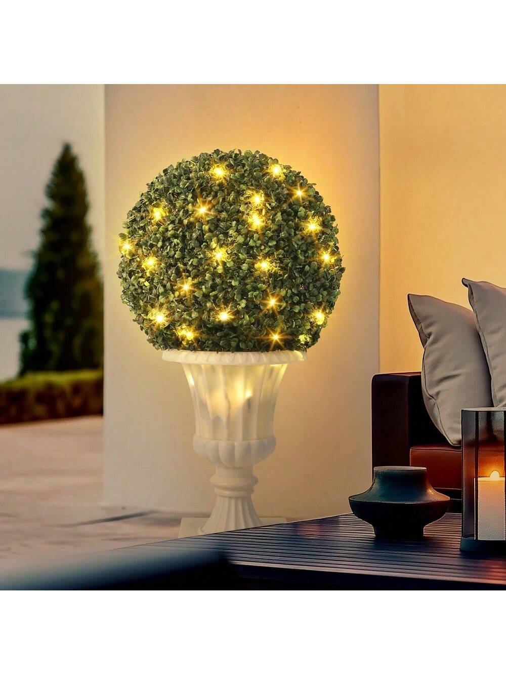 Qeetex PHO-16ICHWDT-HF4 White 16Inchartificial Plant Topiary Ball-Pre Lit Artificial Topiary Plant With Lights-Timer And Remote Control-Artificial Outdoor Porch Trees With Light Base For Outdoor Indoor