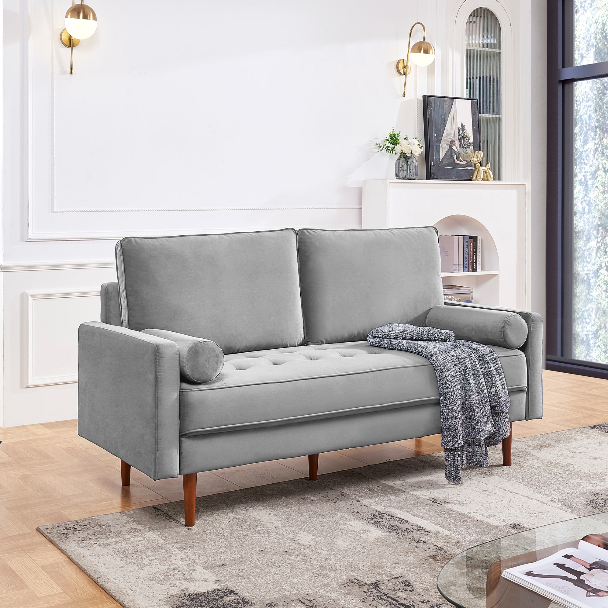 69 Inch Grey Velvet Sofa with Wood Legs and Bolster Pillows