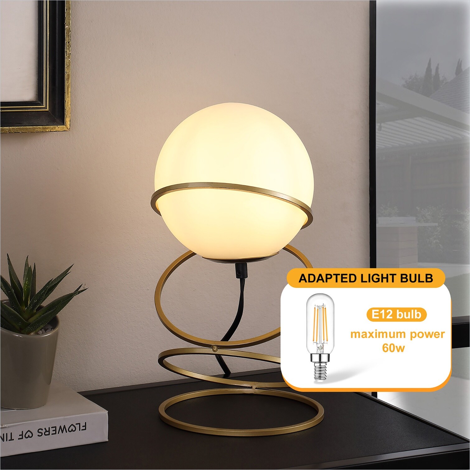 Watnature Matte gold metal and white-toned glass globe table lamp with ...