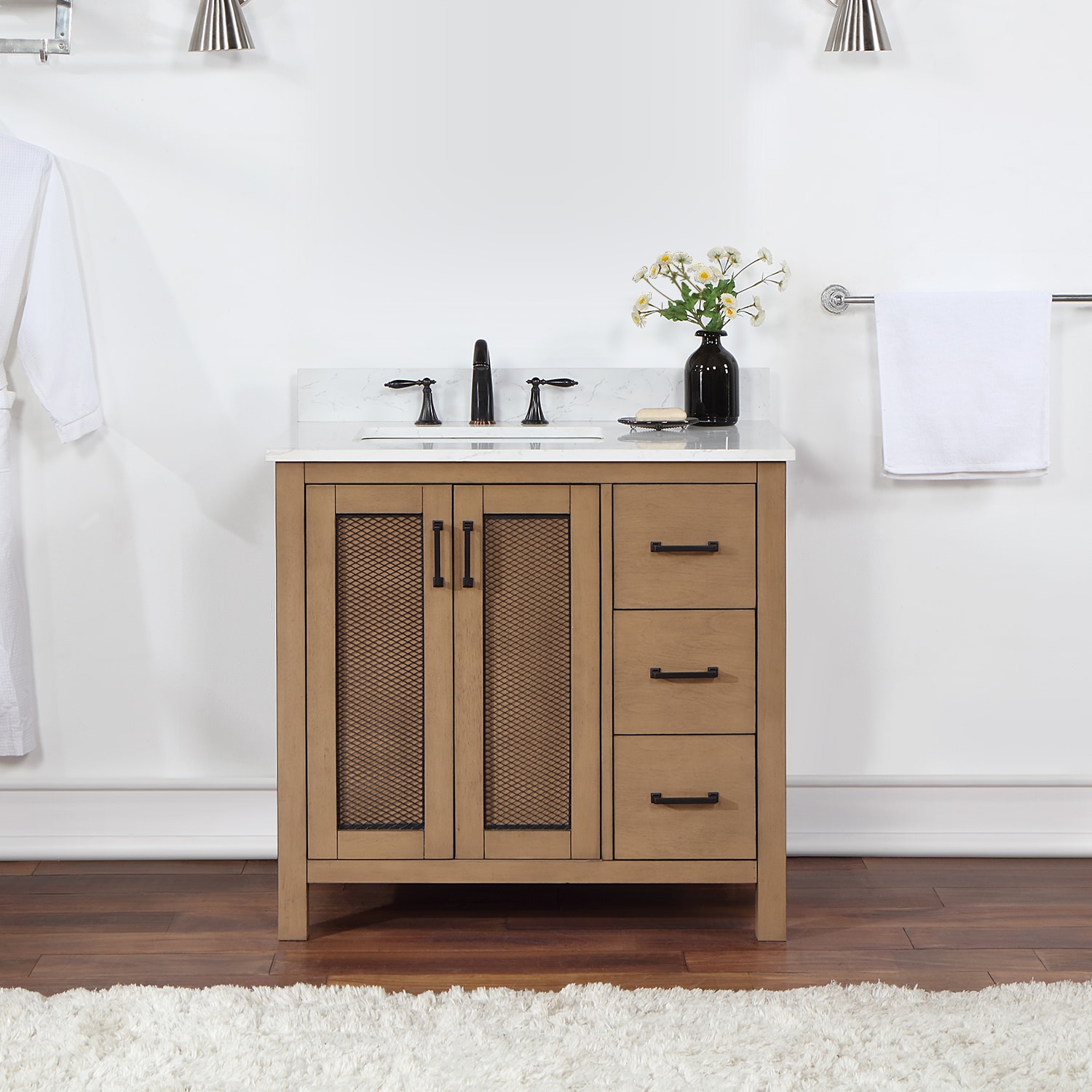 Altair 542036-BR-AW-NM Hadiya 36-in Brown Pine Undermount Single sink Bathroom Vanity with Aosta White Engineered marble Top