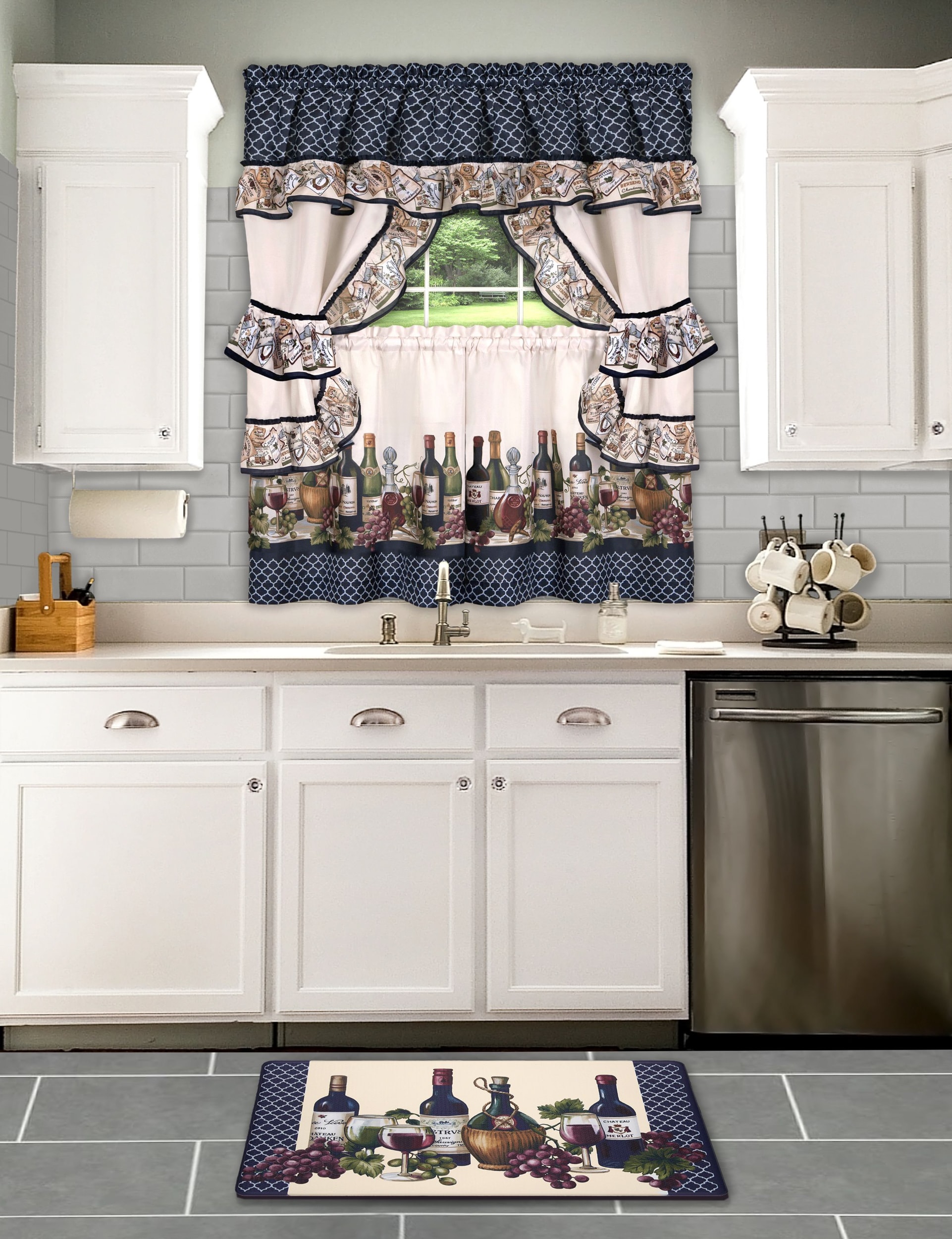 Navy Floral Print Polyester Kitchen Tier Curtain Set