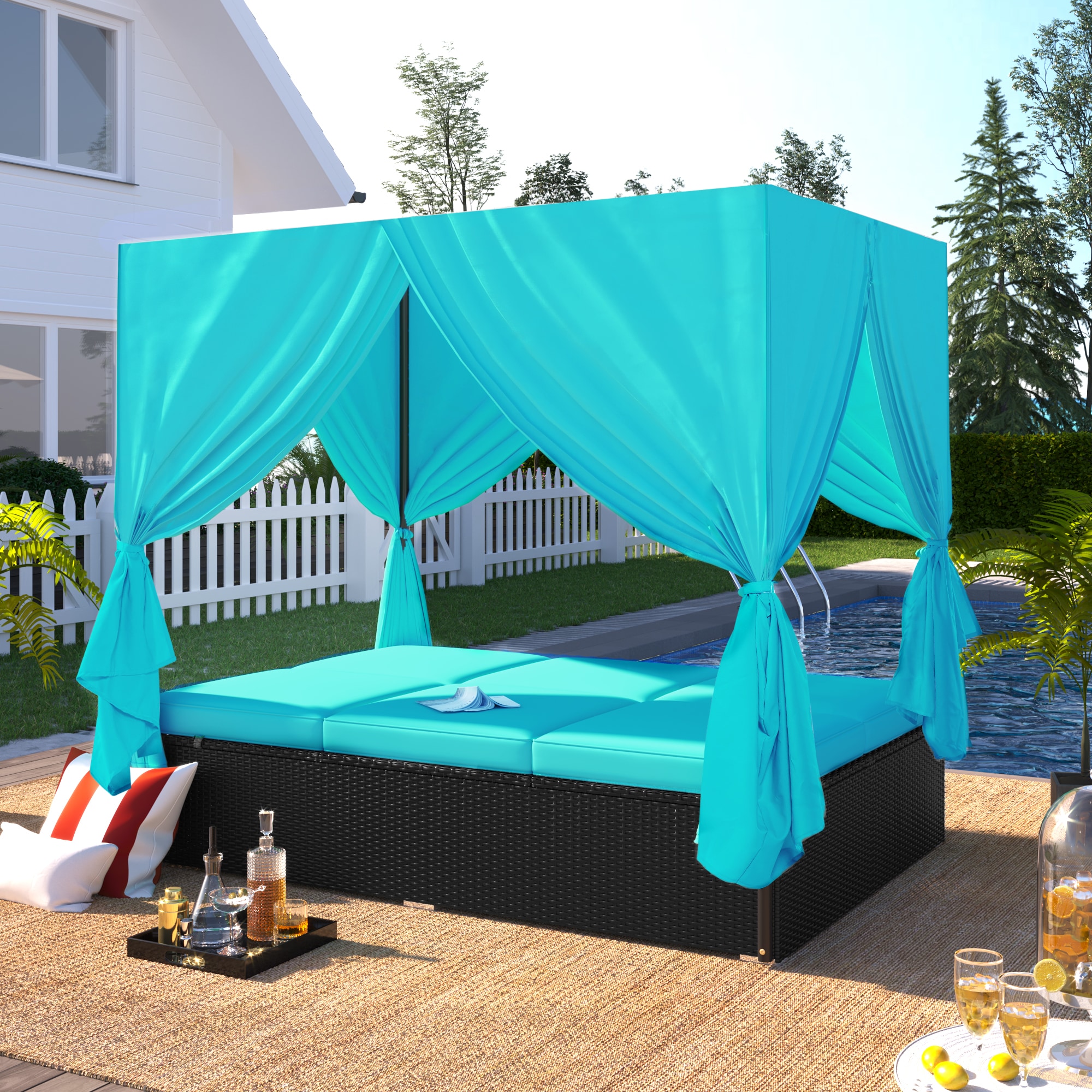 ModernLuxe L-WY000299AAC Outdoor Patio Wicker Sunbed Daybed with Cushions Rattan Outdoor Daybed with Blue Cushions and Steel Frame