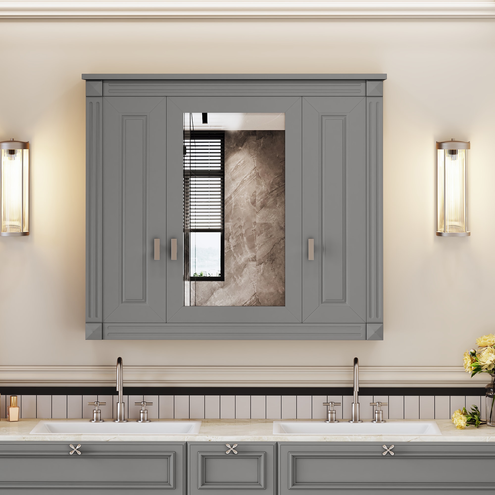 PexFix 35-in W Gray Wall Mounted Bathroom Medicine Cabinet with Mirrored Door Over the Toilet Space Saver Storage Organizer with 5 Shelves