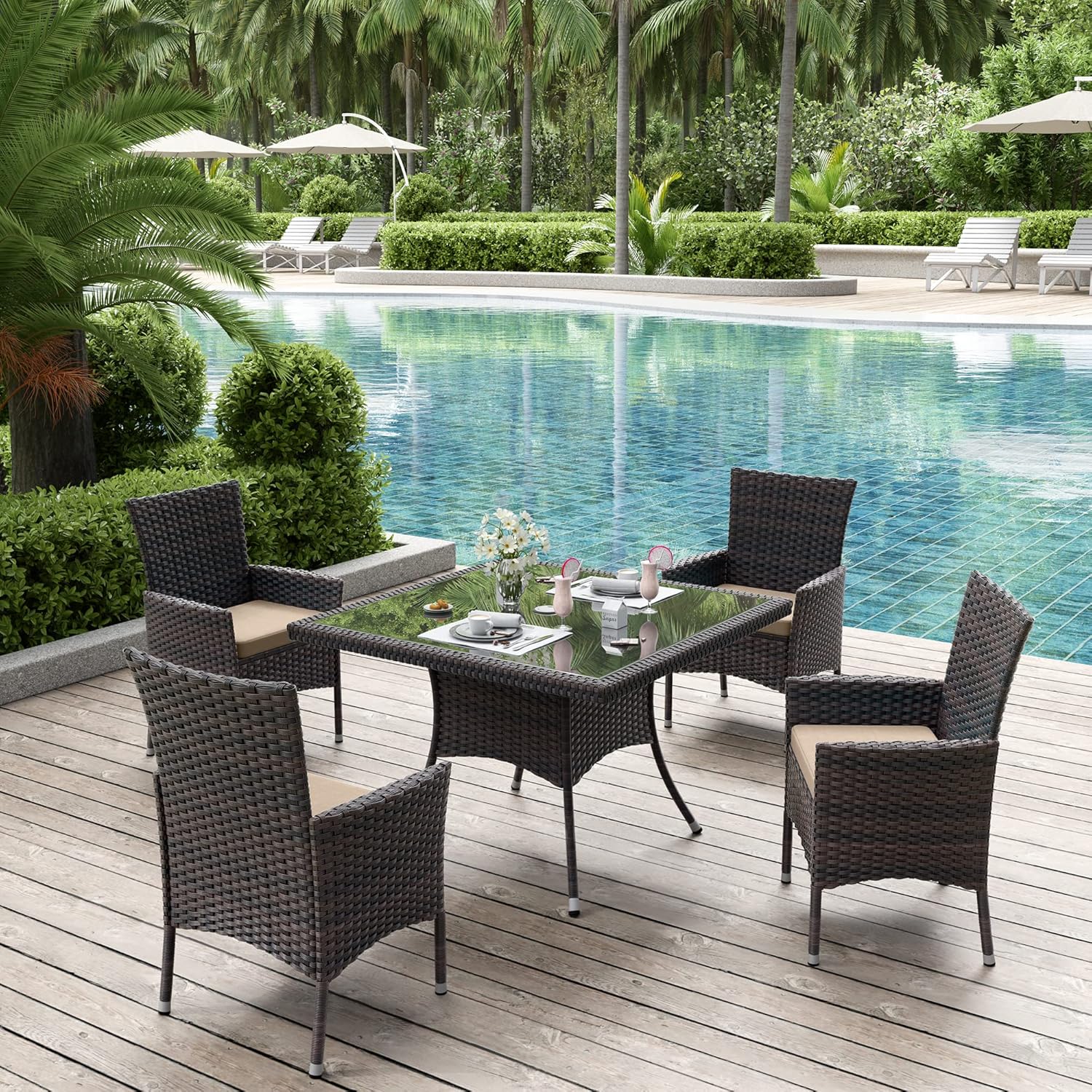 ALAULM LS-DT5-SAND 5 -Piece Brown Rattan Patio Dining Set Extendable Table Rattan Rectangle Table with 4 Yellow Cushions Stationary Chairs