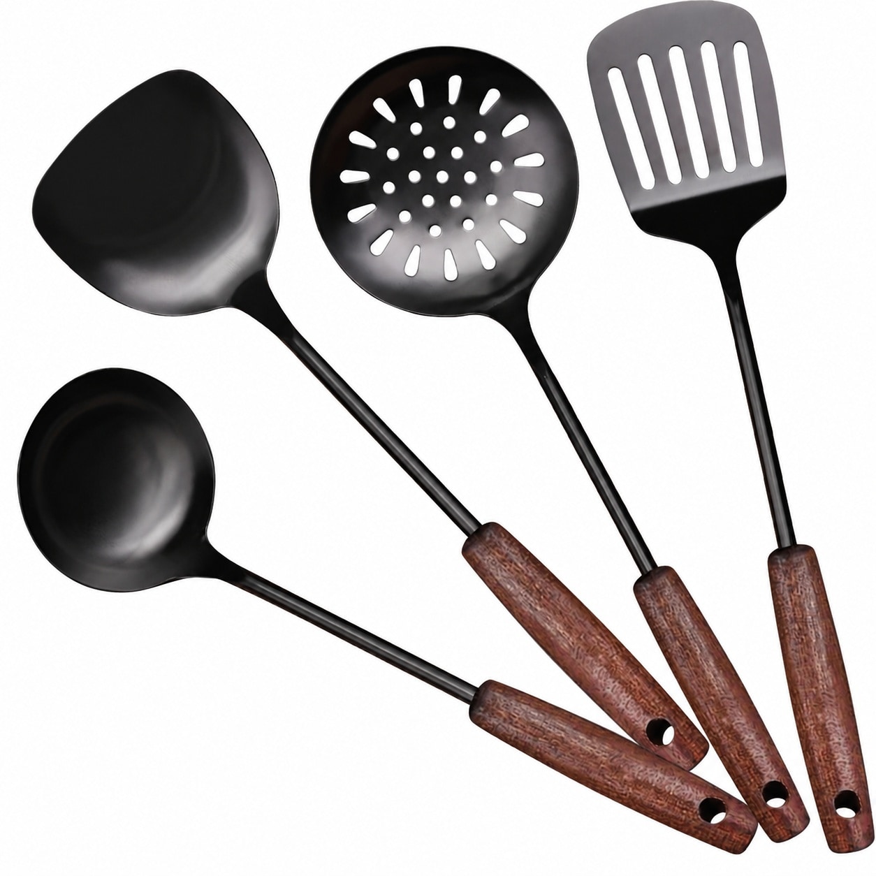 Aoibox  15 Inch Stainless Steel Wok Spatula Turner and Ladle Set with Heat Resistant Wooden Handles Vintage Cooking