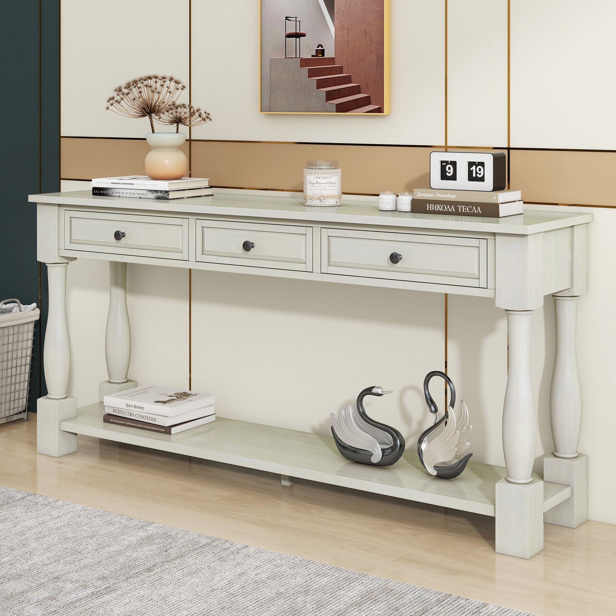 ModernLuxe WF314993AAK Console Table 63inch Long Console Table with Drawers and Shelf for Entryway Hallway Living Room Antique White
