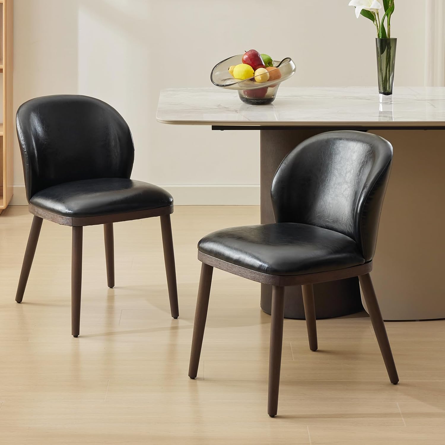 Qeetex PHK-33QEWL6W-HNN Set of 2 Brown Wood Dining Chairs with Black Sponge Upholstered Fabric and Ergonomic Back