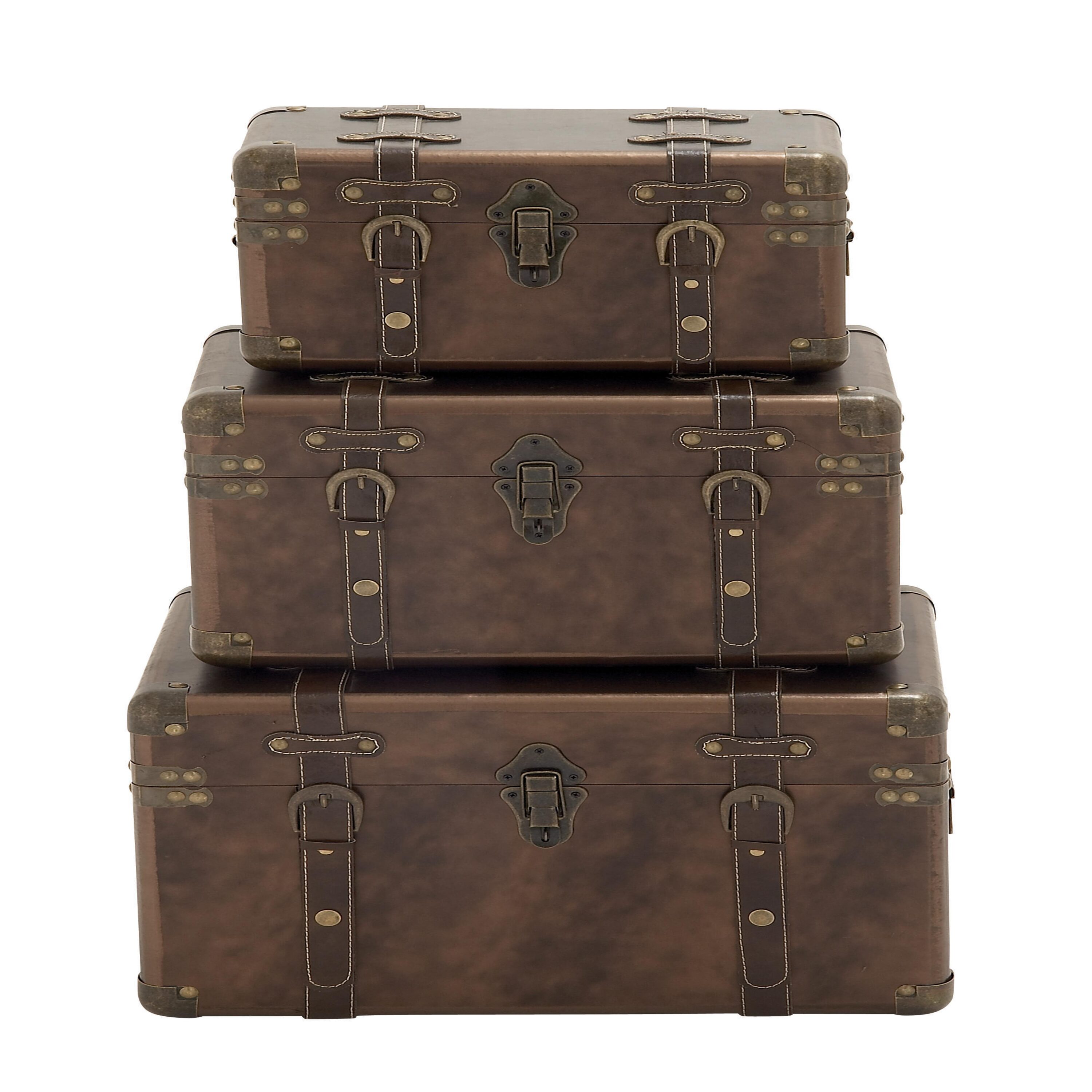 Brown Leather Rectangular Storage Trunk Set with Vintage Accents, 3-Pieces