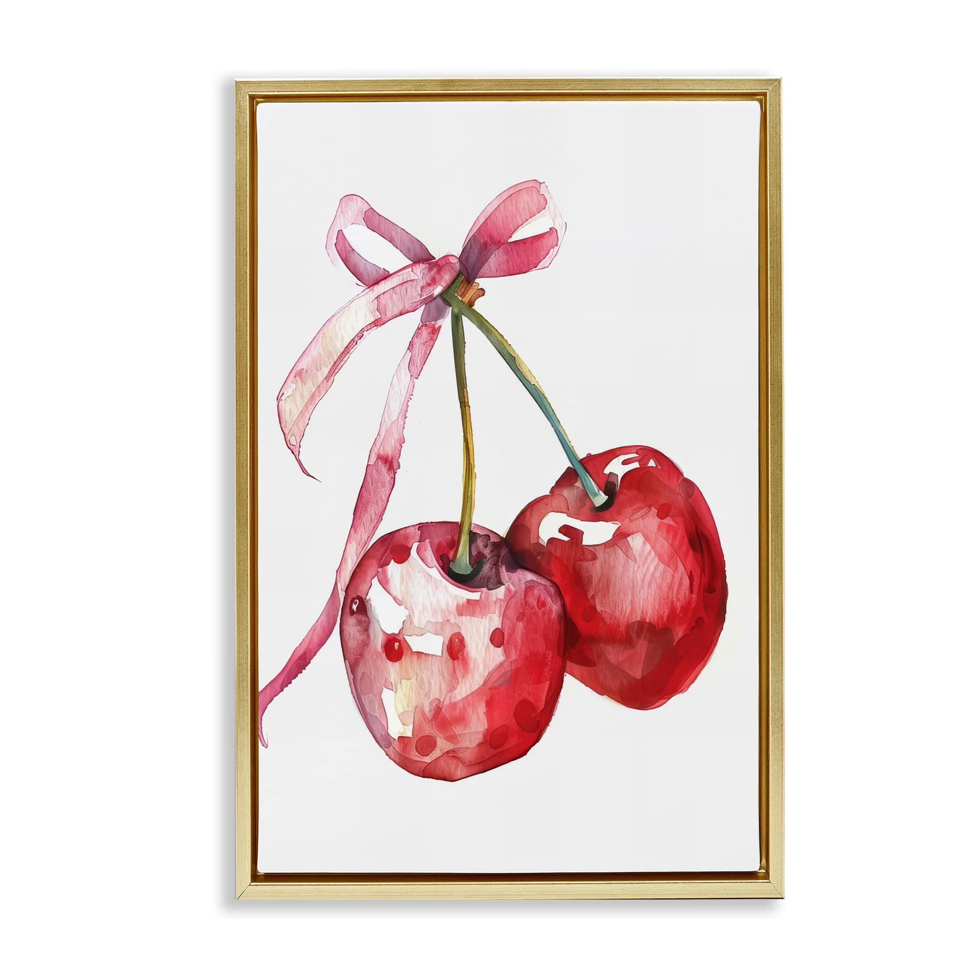 Stupell Industries BT-650-FFG-20X30 Cherries Tied in Ribbon Gold Framed Floater Canvas Wall Art By LSR Design Studio 21 x 31