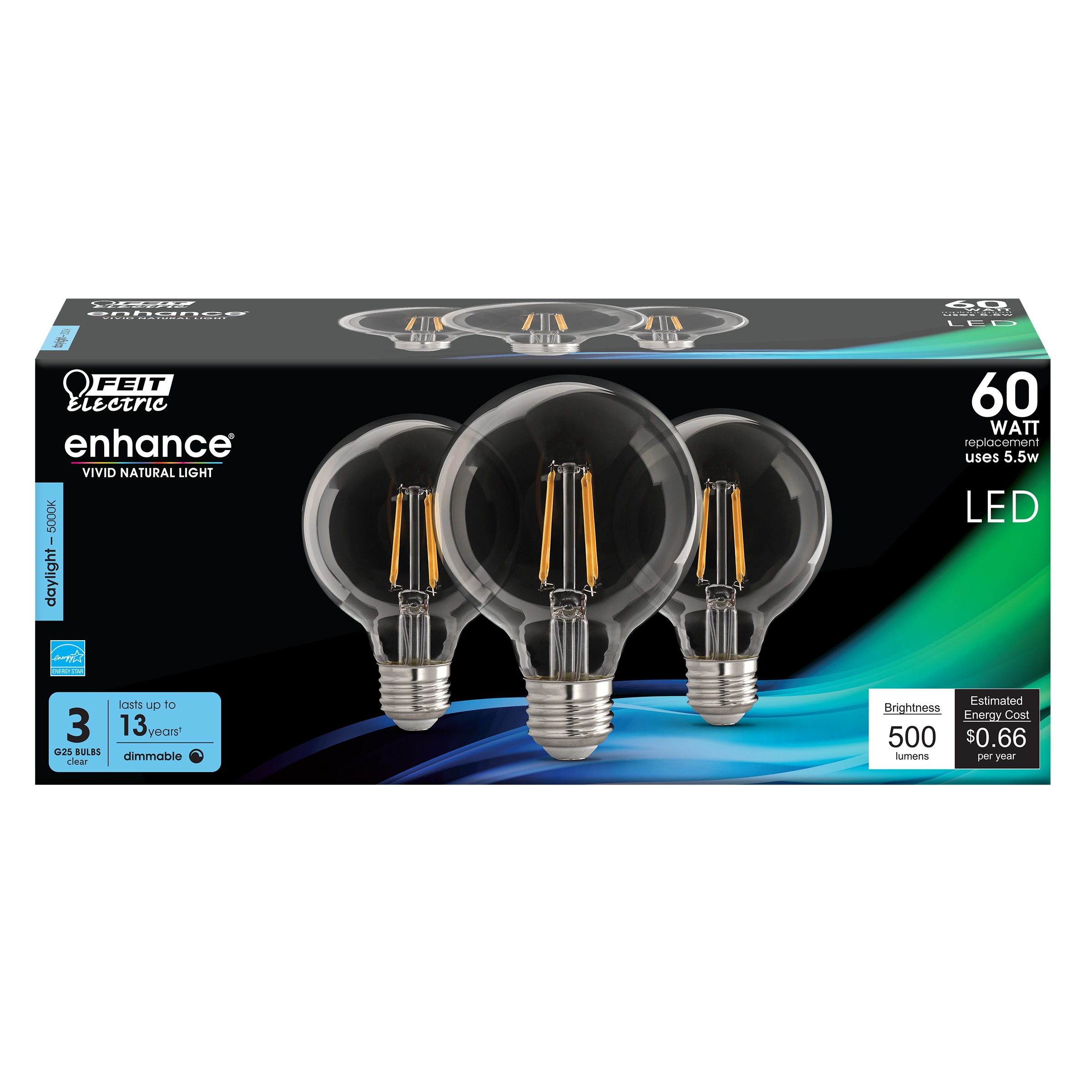 Feit Electric G2560/950CA/FIL/3/RP LED FILAMENT 60 -Watt EQ G25 Daylight E26 Dimmable LED General purpose Light Bulb 3 -Pack
