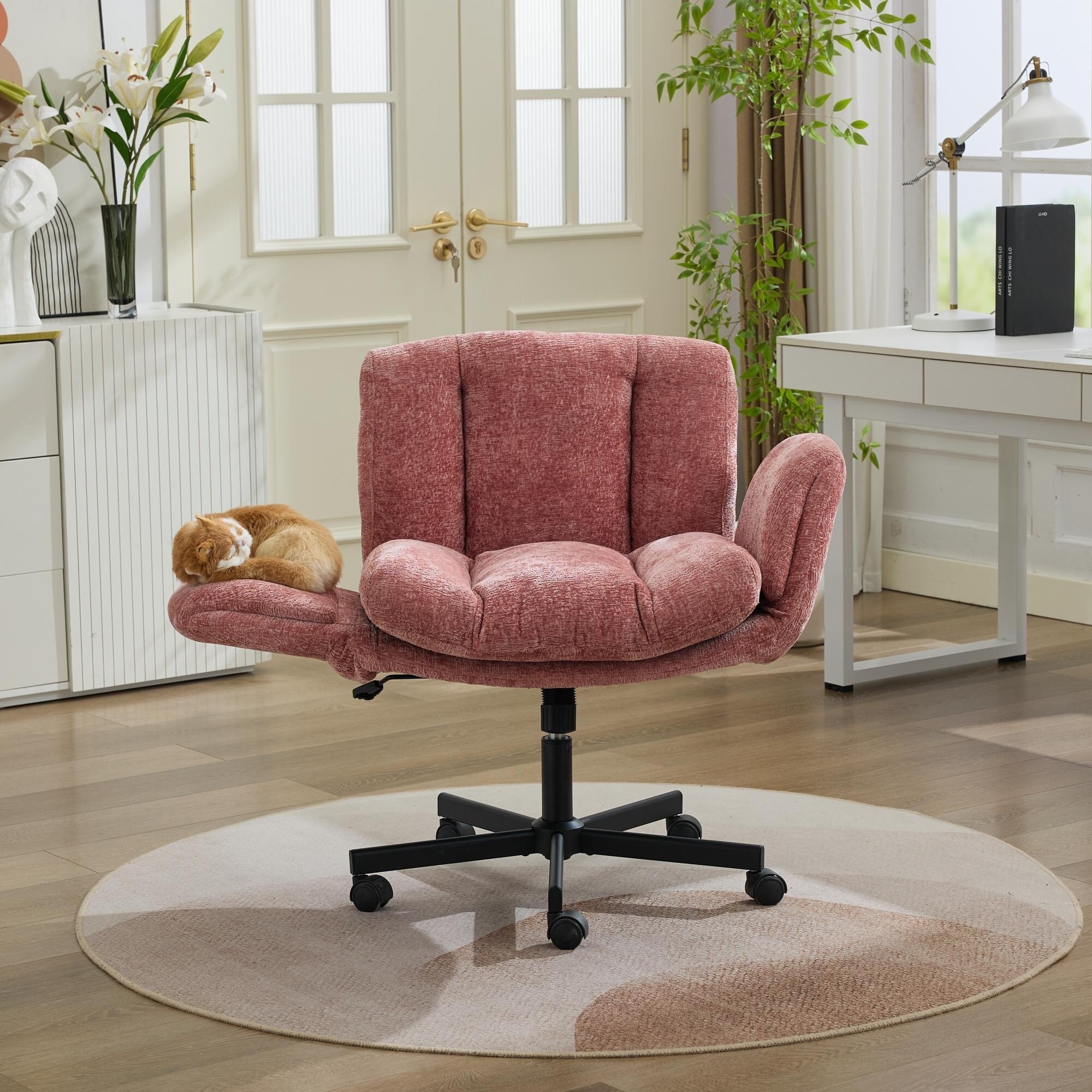 Horizons Prime Blush Pink Chenille Swivel Office Chair with Adjustable Height and Convertible Multi-Position Armrests