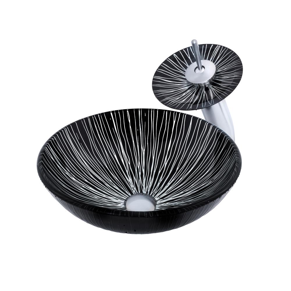 Novatto NSFC-023001CH Godere Glass Vessel Round Modern Black/Silver/Chrome Bathroom Sink with Faucet Included with Drain Included ( 16.5-Inches x 16.5-Inches )