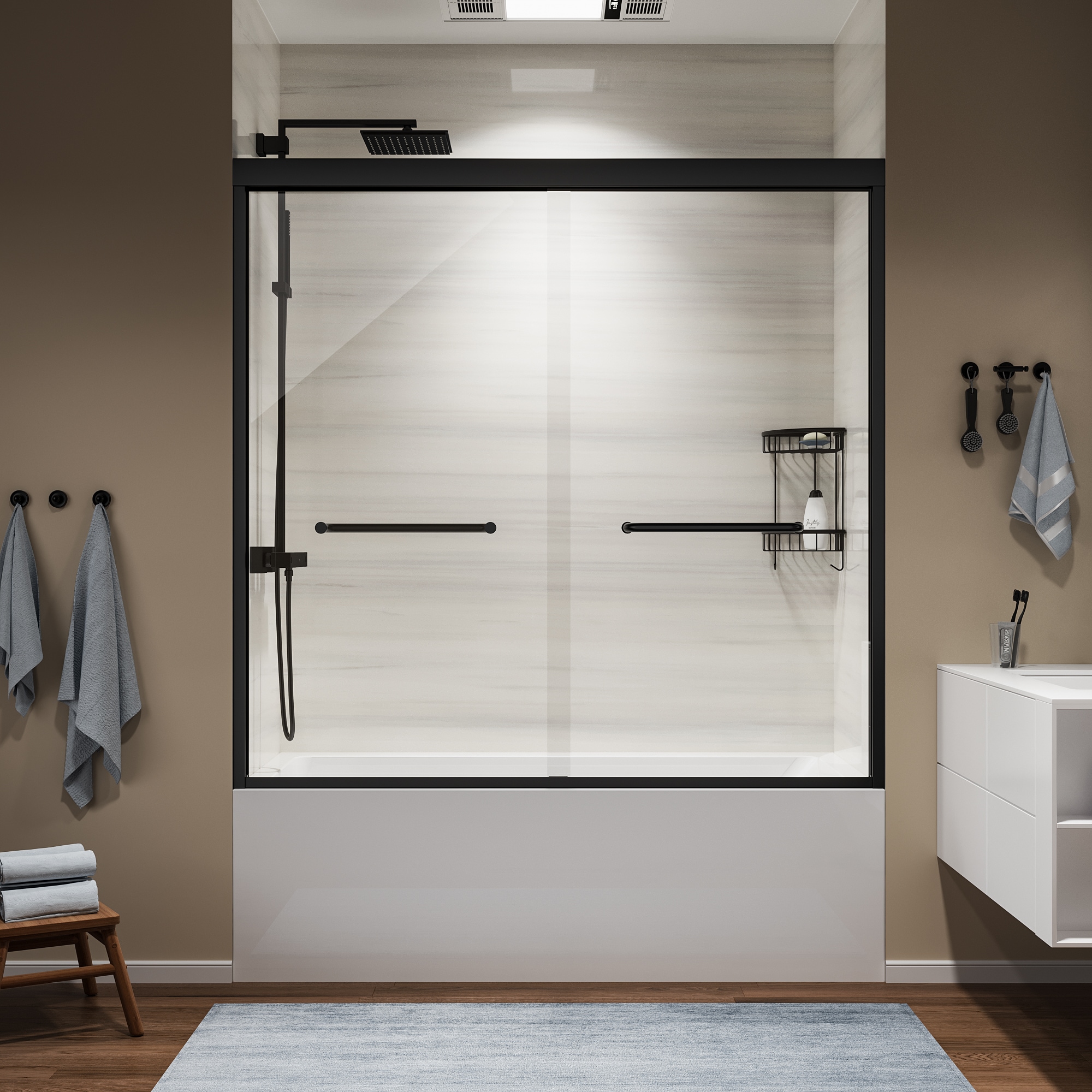 Forclover TAK1LM2D-4224 CH Shower Door Tub Door Matte Black 58-in to 60-in W x 58-in H Frameless Sliding Shower Door 5/16-in Thick Clear Glass