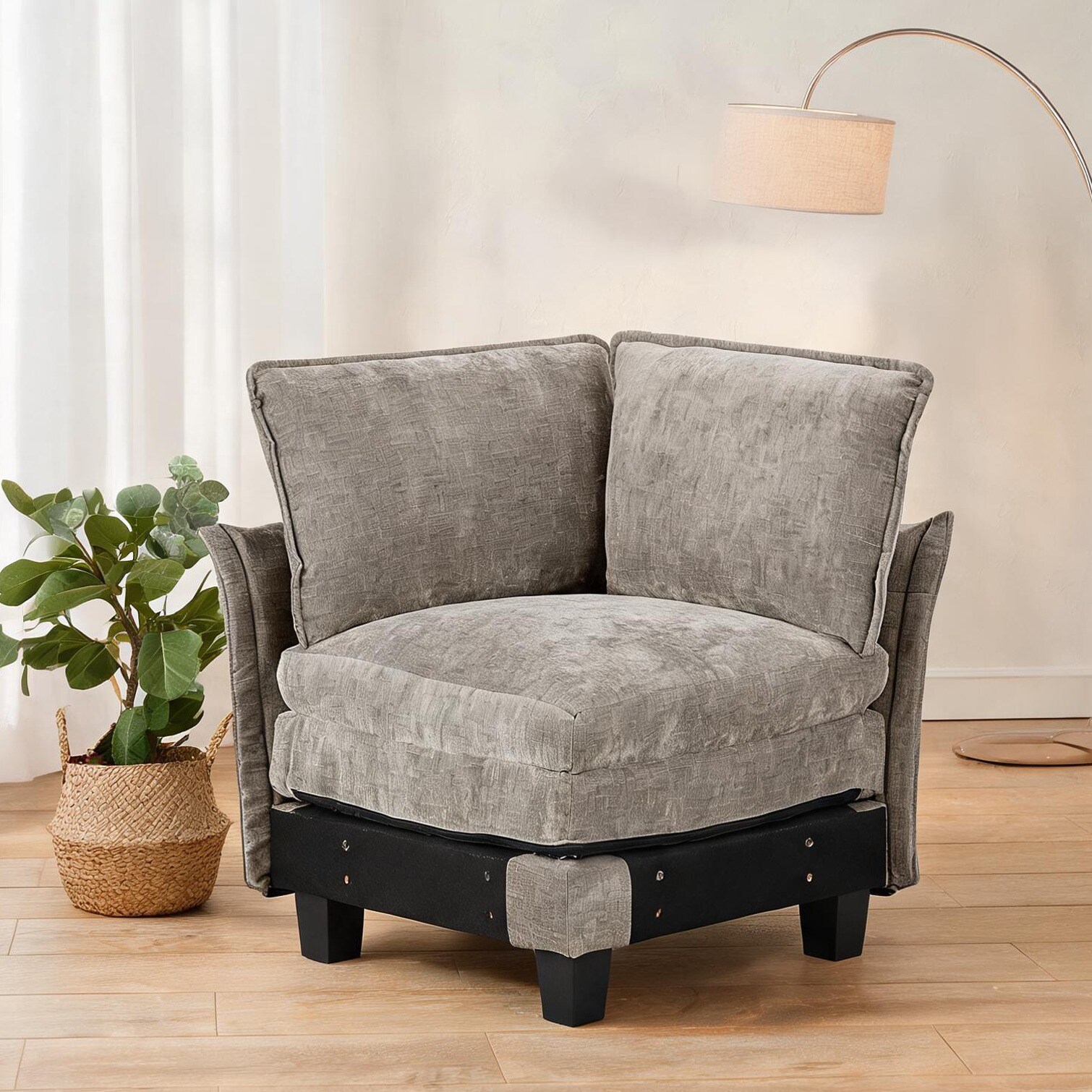 SunJet Gray-Toned Chenille Corner Chair with Plush Cushions for Living ...