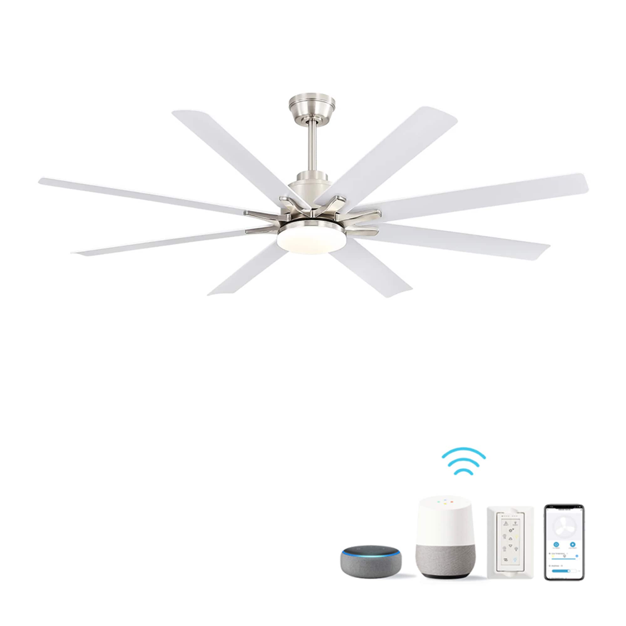 Bybafun YD1300073 66-in Color-Changing Integrated LED Outdoor Smart Nickel + White with ABS Blades Ceiling Fan With Light and Remote ( 8 -Blade )