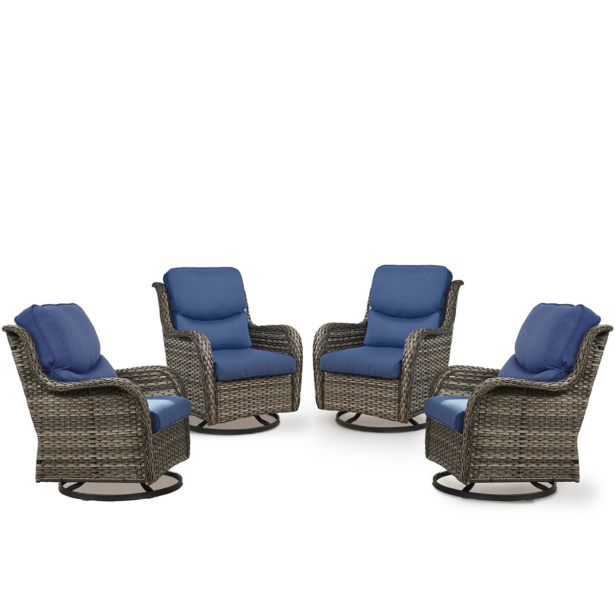 Rilyson FS024XLX2-1 Smiley Set of 4 Wicker Gray Wicker Frame Swivel glider Conversation Chair with Gray Blue Cushioned Seat