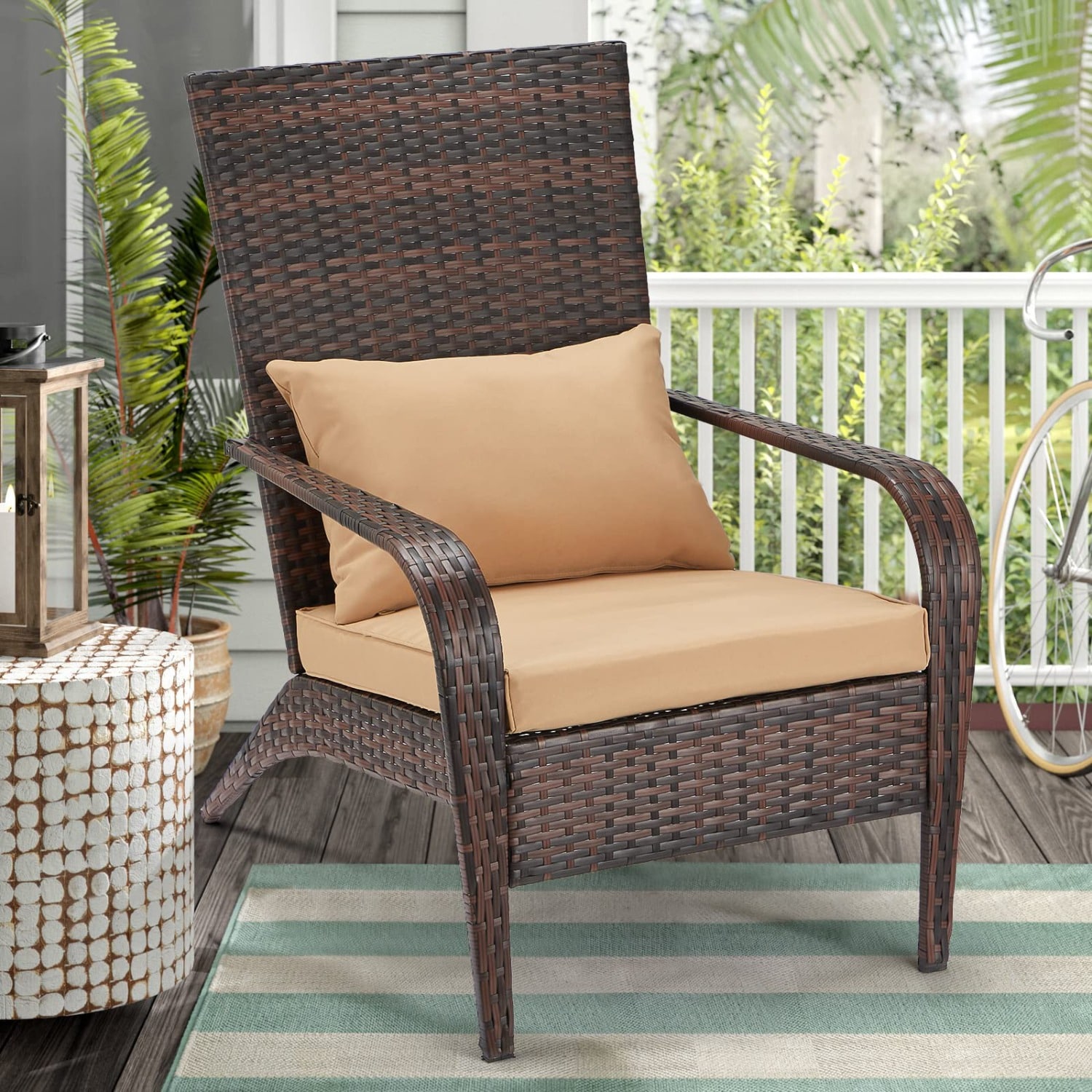 AECOJOY 16108BR-LS01 Patio chair Wicker Brown Wicker Frame Stationary Adirondack Chair with Brown Cushioned Seat