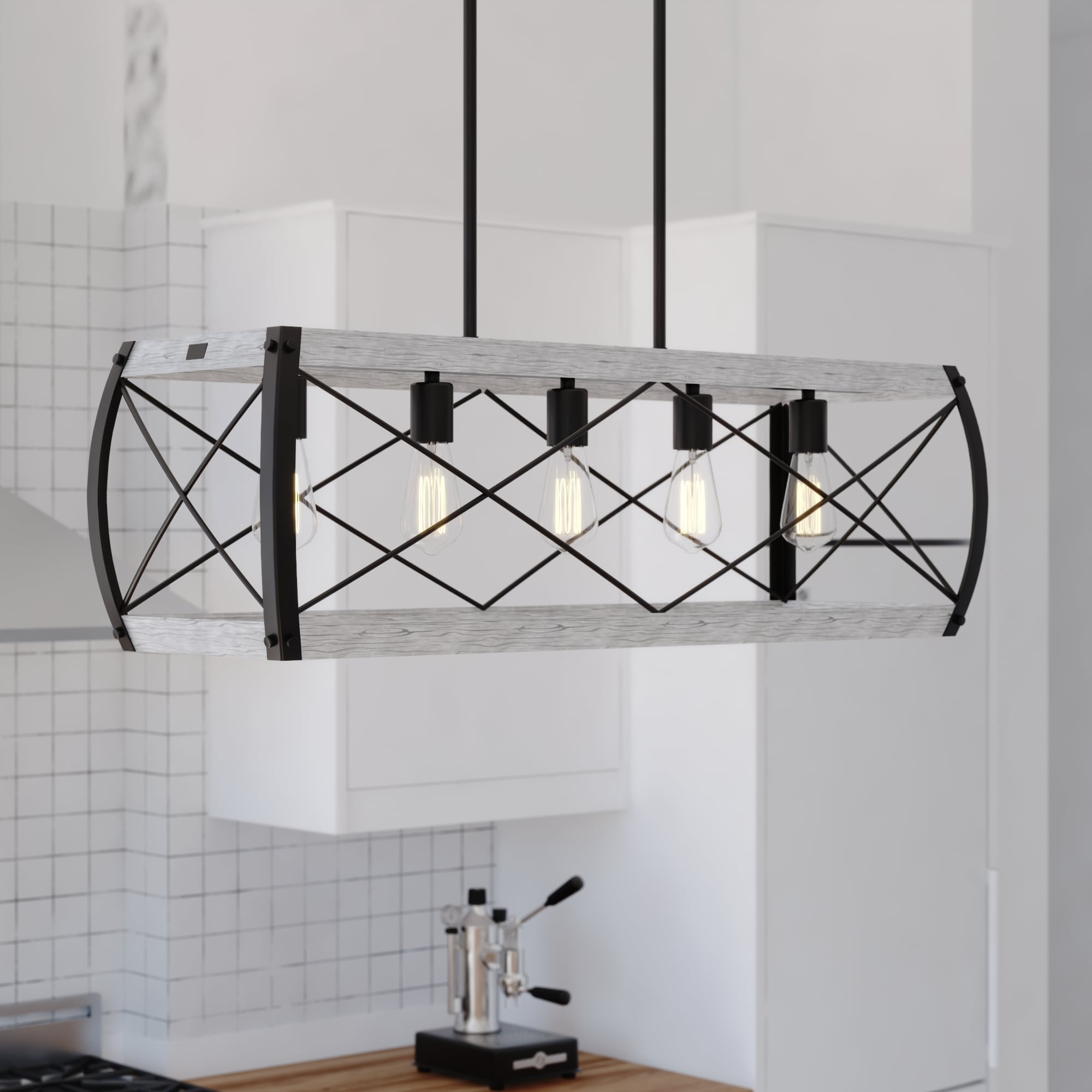 Montclare 35" Textured Black Cage Linear Chandelier with White Ash Accents