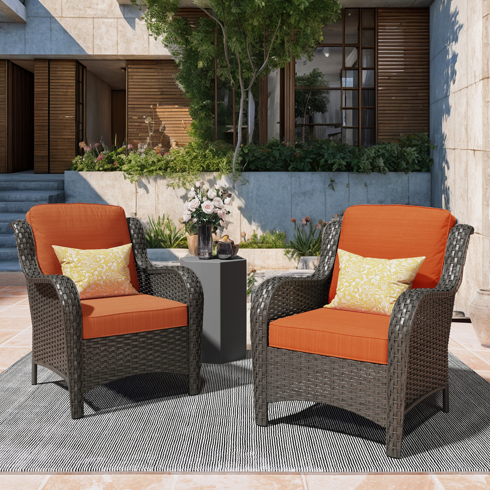 XIZZI XCT80021 Vesta Set of 2 Wicker Brown Steel Frame Stationary Balcony Chair with Orange Cushioned Seat