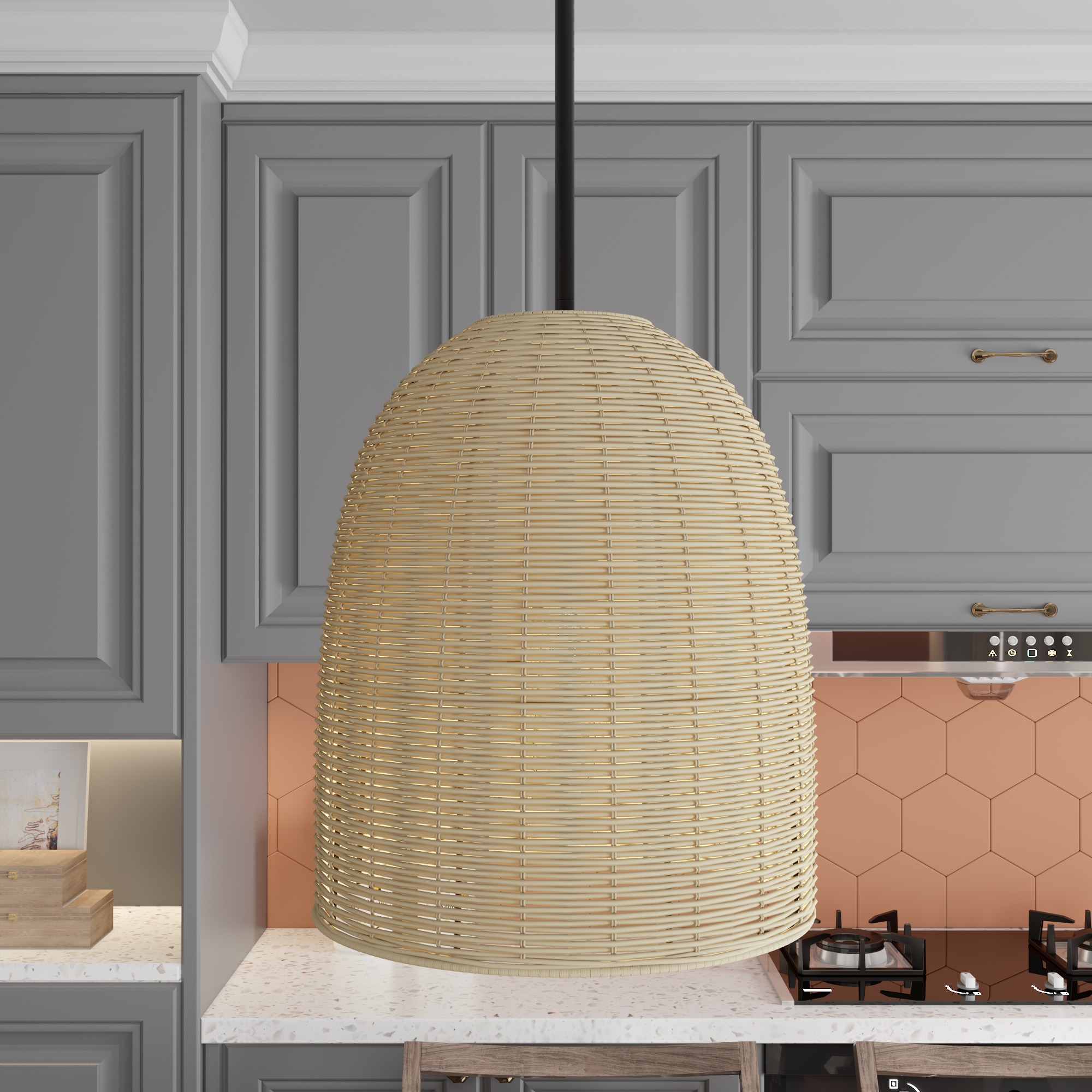 ACROMA 31601AZRT Aaida Matte Black and Rattan Modern/contemporary Lantern Medium Hanging Pendant light