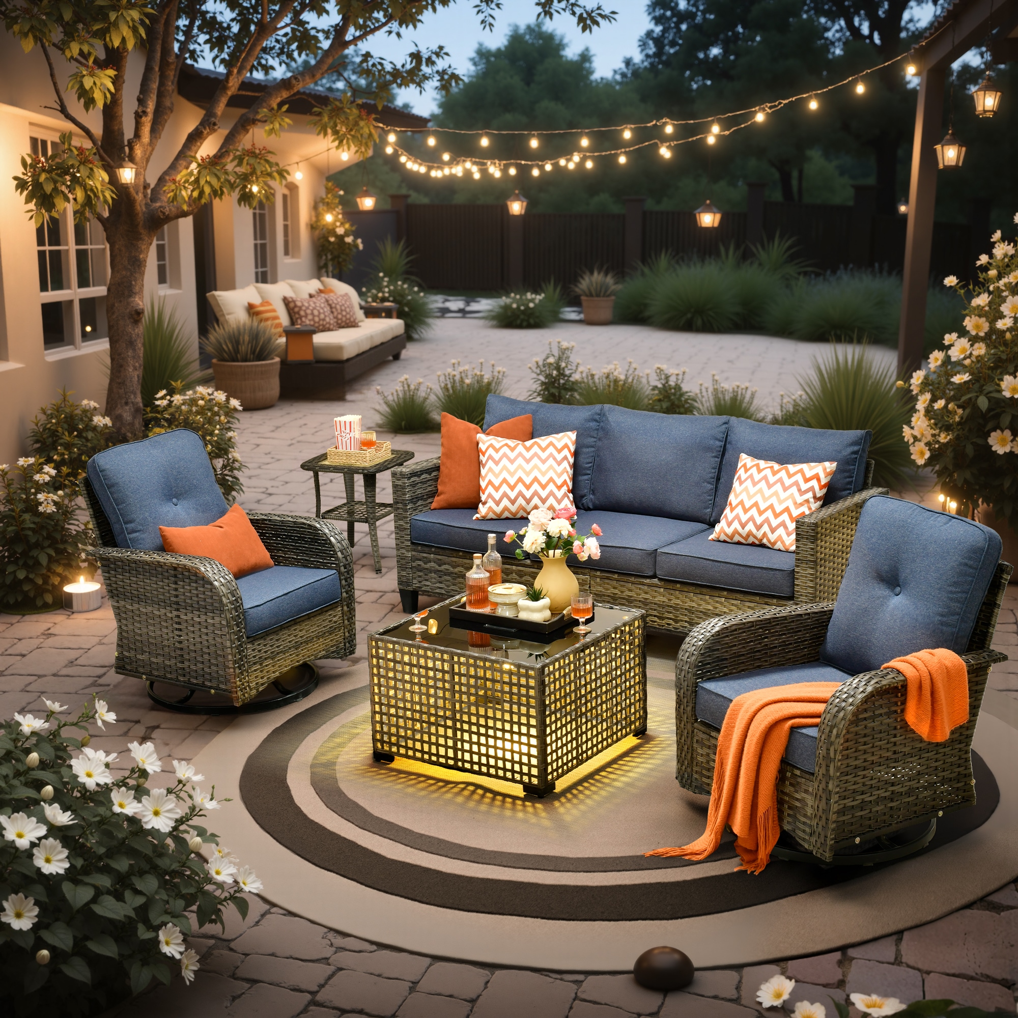 XIZZI XINGRS3052-T Sapphire 5 -Piece Rattan Patio Sofa Conversation Set with Blue Cushions