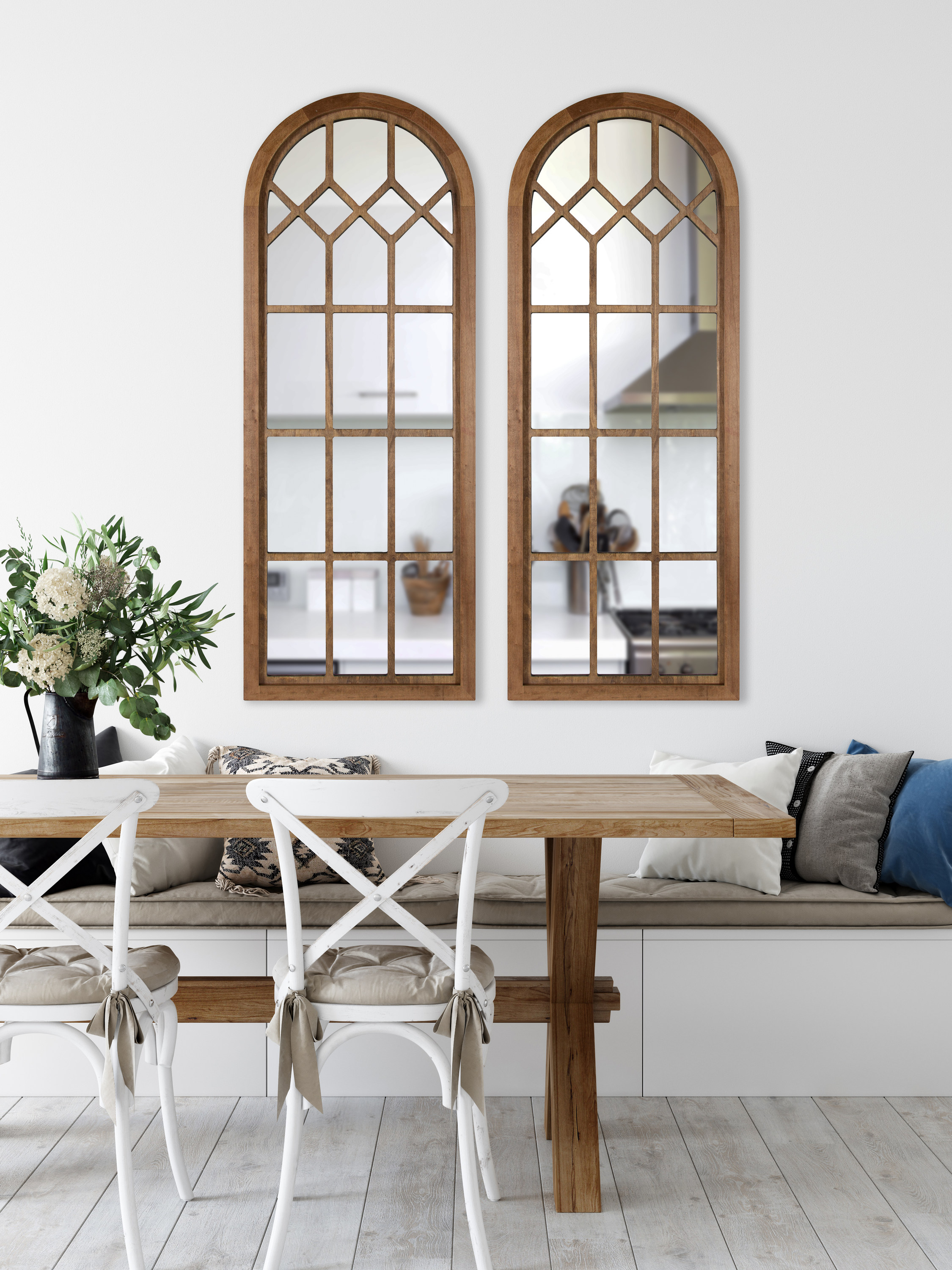 Rustic Brown Arch Wood Framed Windowpane Wall Mirror, 18 x 47