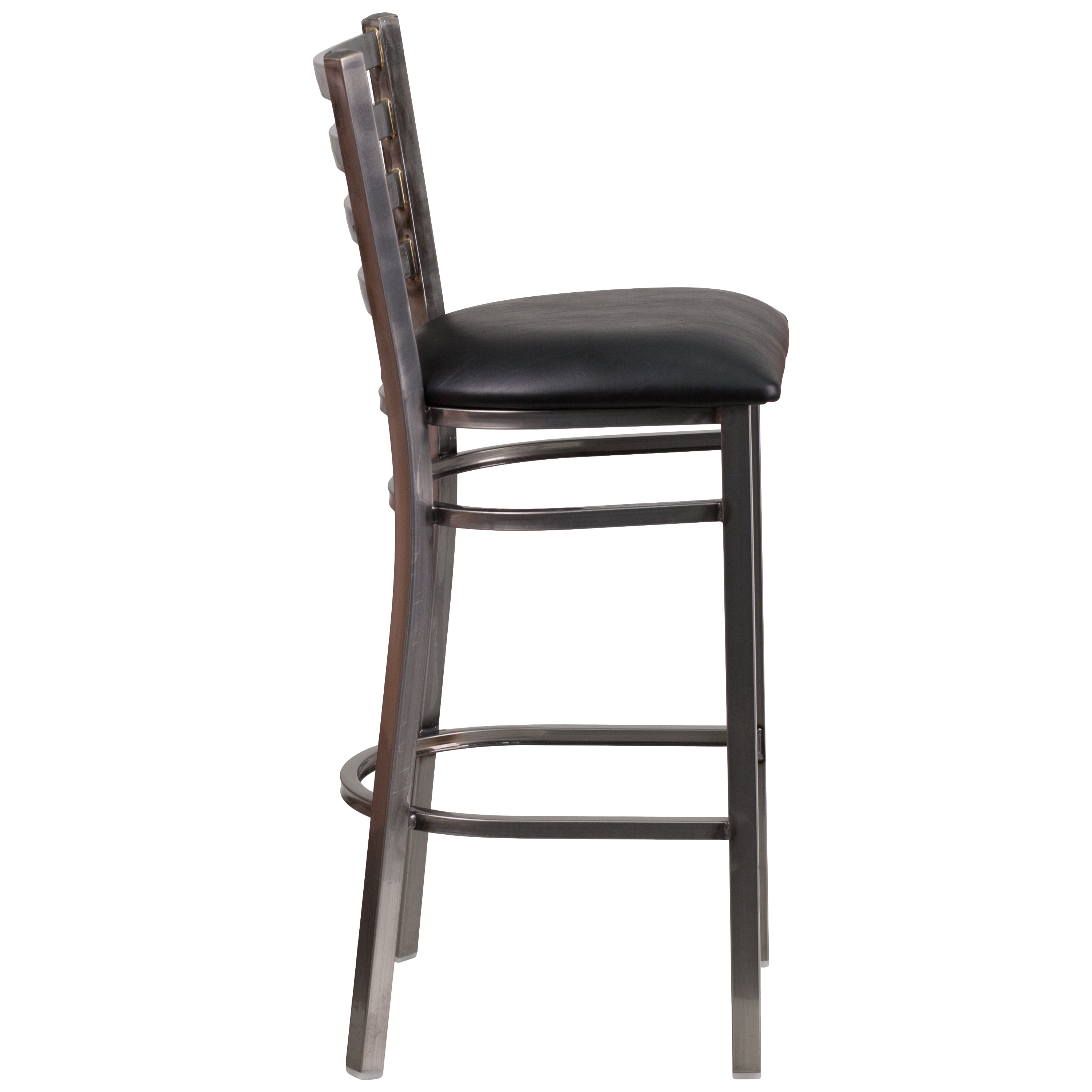 Silver Ladder Back 42" Metal Barstool with Black Vinyl Seat