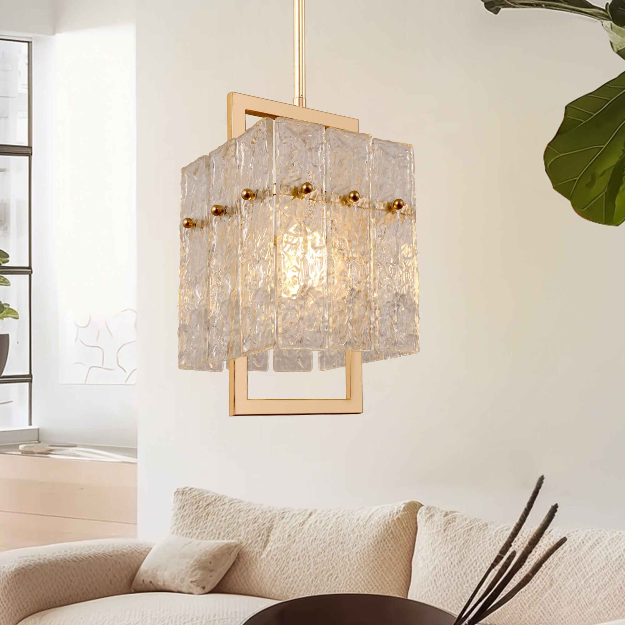 YANSUN LA-NB05601ABL-11 1 -Light Gold Industrial Textured glass Rectangle Mini Hanging Kitchen island light