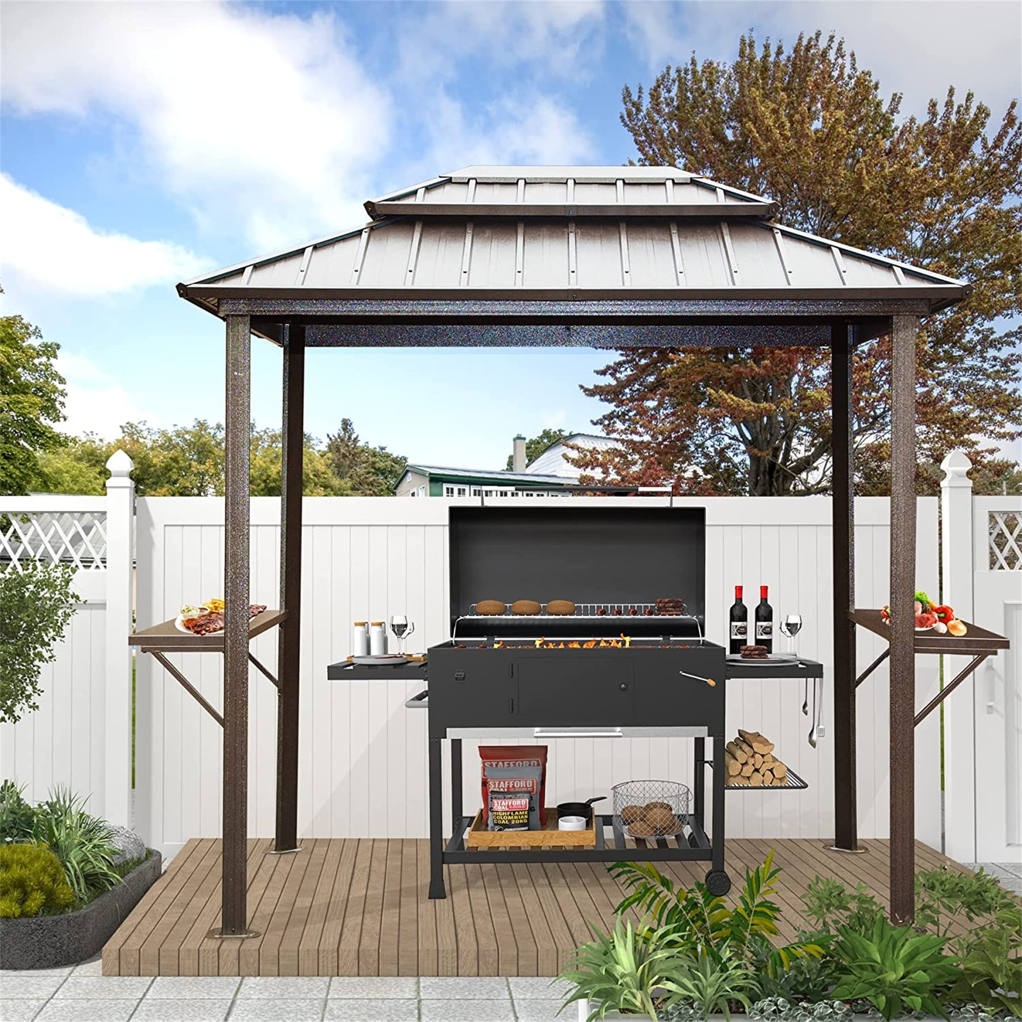 Mondawe MA-DLOS370 8-ft x 6-ft Brown Rectangle Grill Gazebo with Hardtop Aluminum Roof