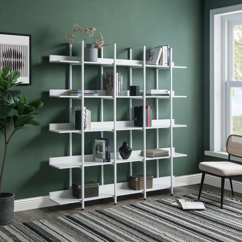 JUJABU ZJBOOKCASE-5 White 5 Tier Bookcase Home Office Open Bookshelf Vintage Industrial Style Shelf with Metal Frame