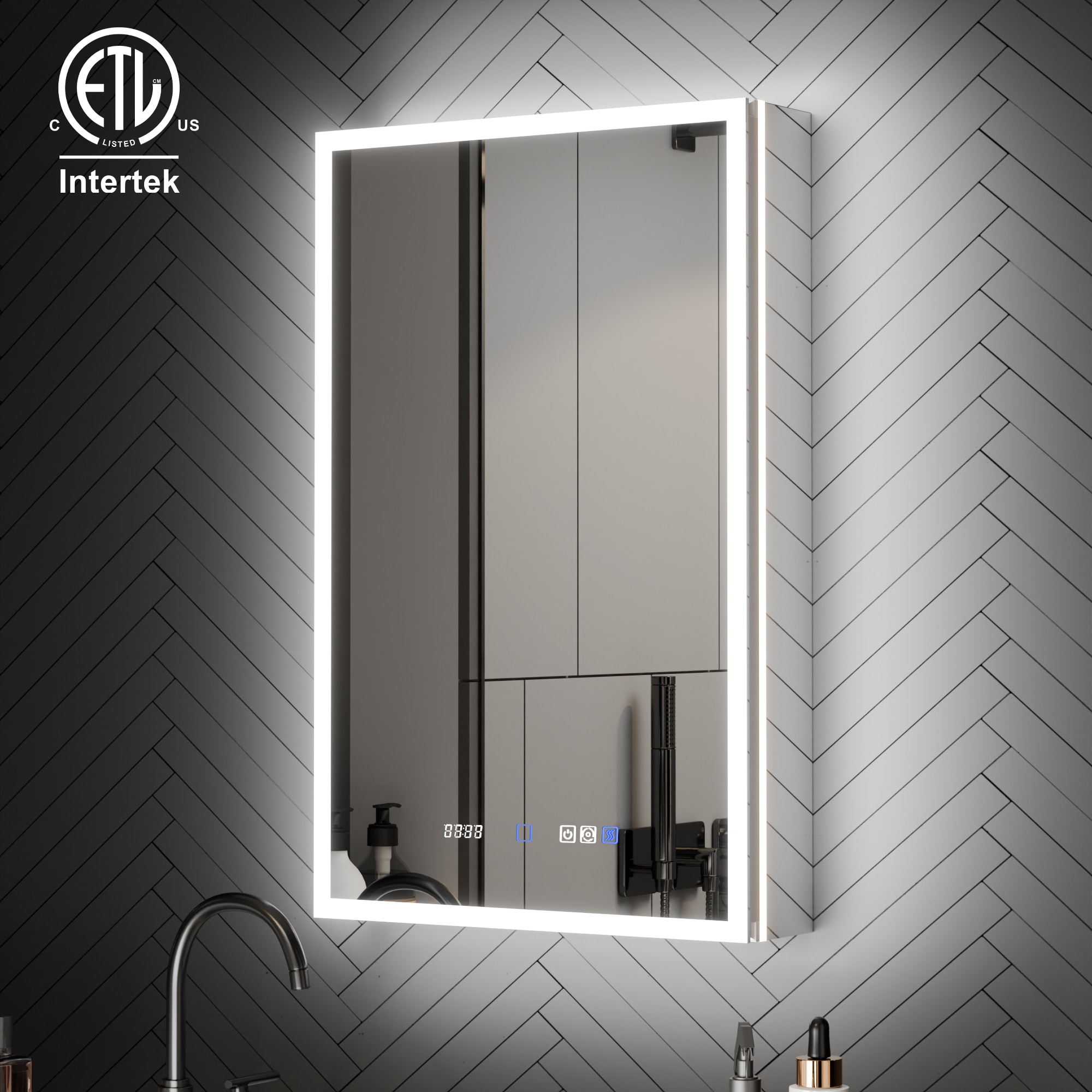 ExBrite W7MC2436L Astra 20-in x 32-in Lighted LED Fog Free Surface/Recessed Mount Stellar Silver Mirrored Rectangle Soft Close Medicine Cabinet with Outlet