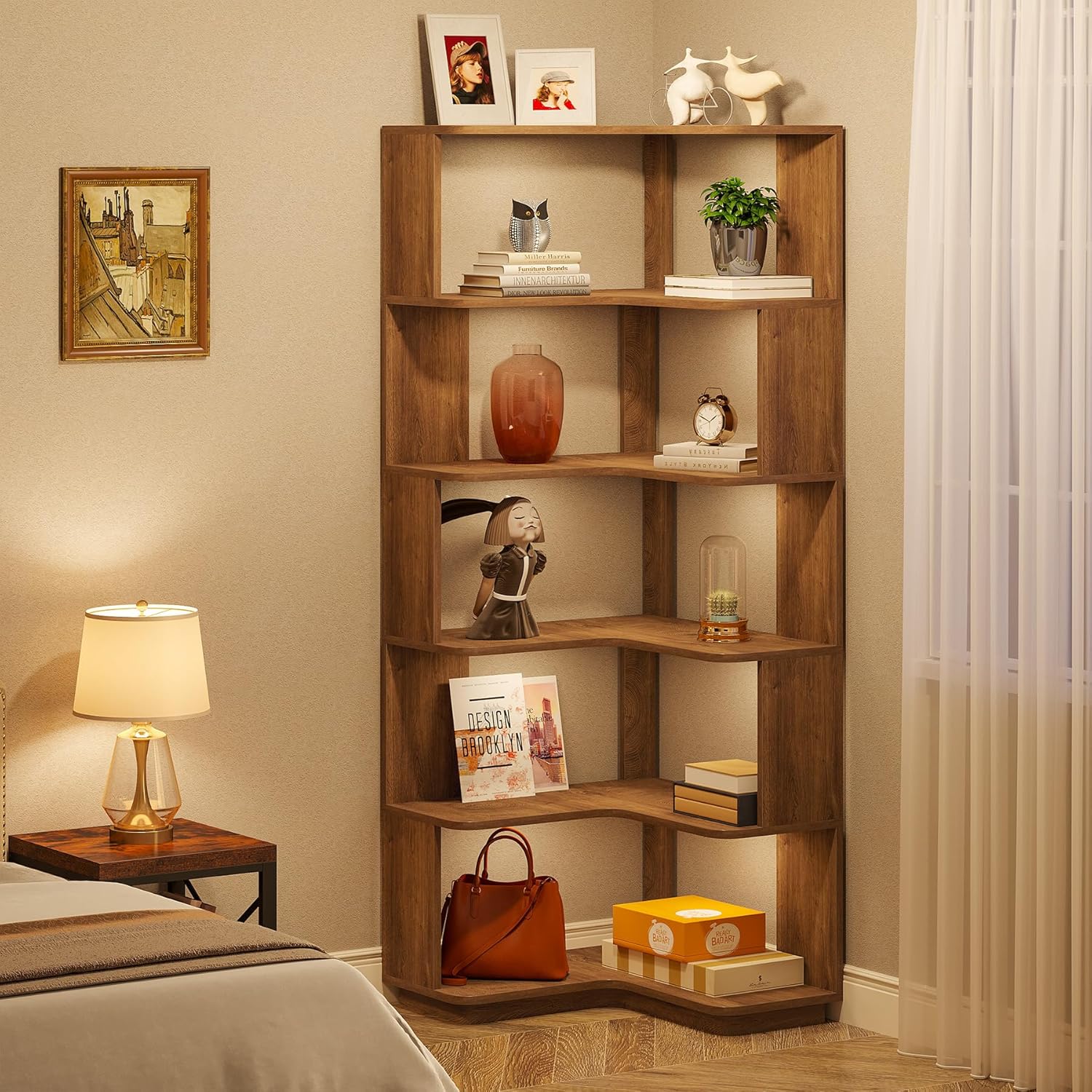Tribesigns  6 Tiers Corner Bookshelf 64.9 inches Tall L Shaped Bookcase with Anti Drop Panel Freestanding Wood Grain Shelf Display Rack Storage Organizer for Home Office Light Brown