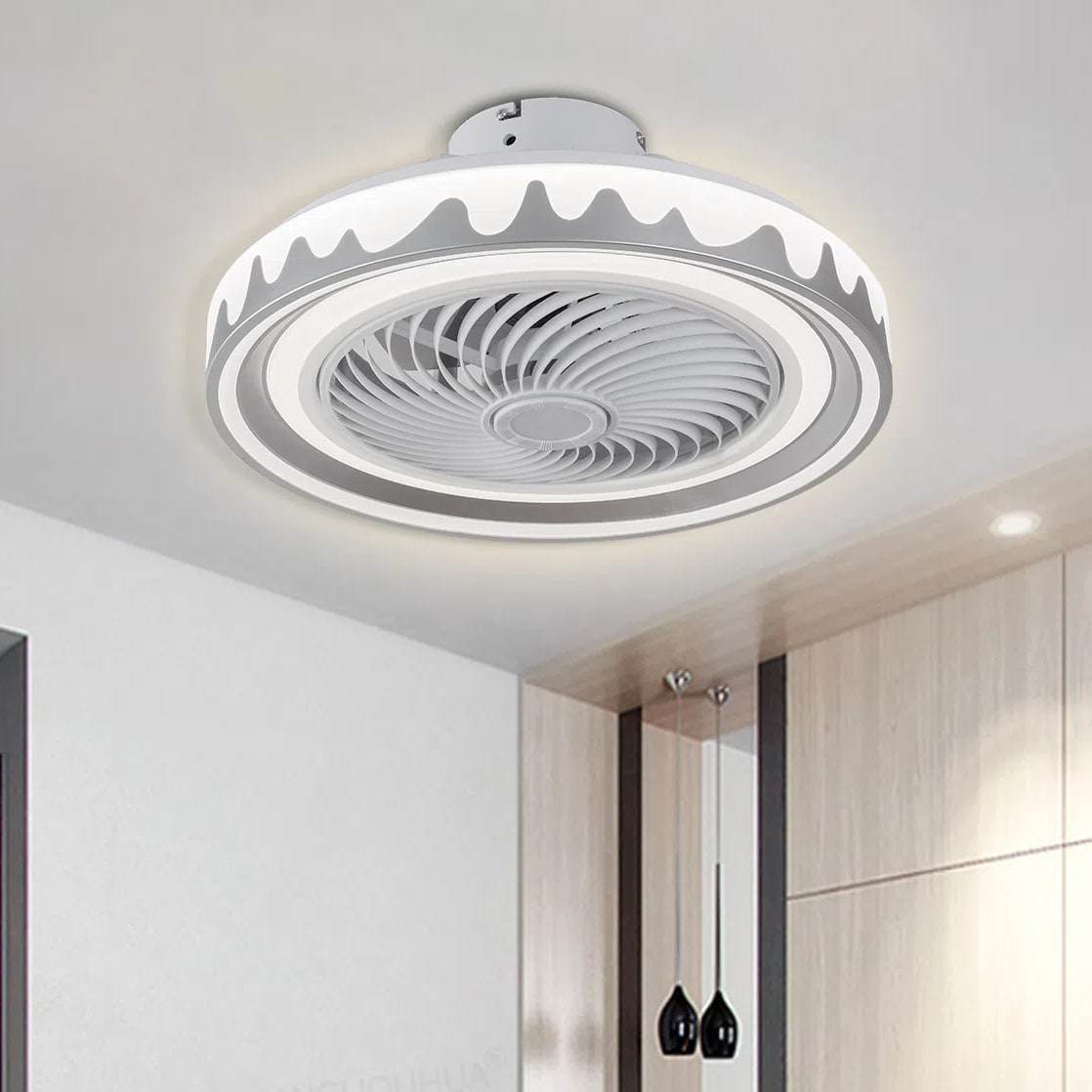 Oukaning HG-HCXLST-4165-US 20-in Color-Changing Integrated LED Flush Mount Gray Snowmelt Pattern Reversible with Plastic Blades Fandelier Ceiling Fan With Light - Remote Included ( 5 -Blade )