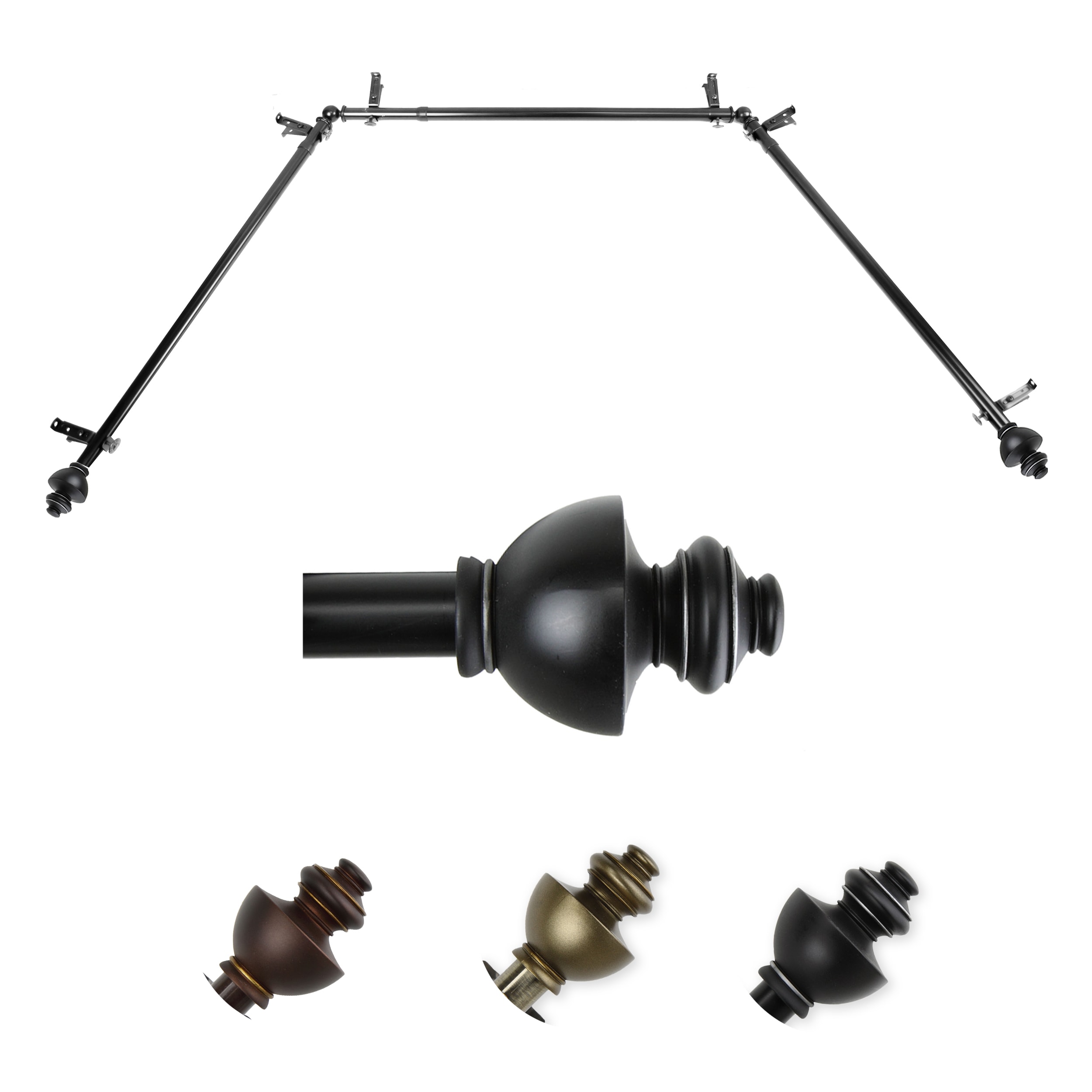 Hart & Harlow LO-ABAY-04-2 72-in to 144-in Black Steel Bay window curtain rod with Finials