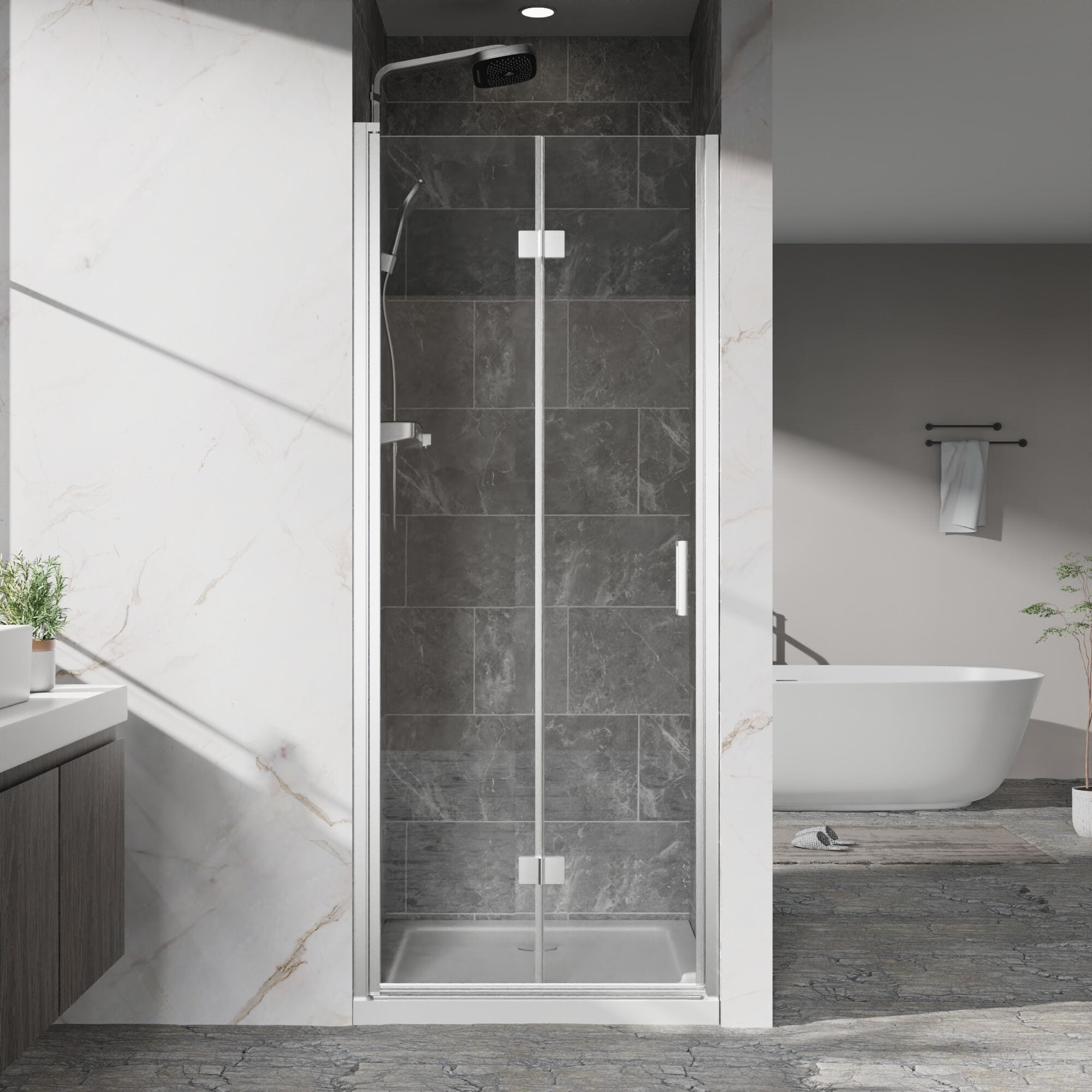 Boho Havens Goodyo Pivot Shower Doors 30 Inch W x 72 H Frameless Bi-fold Swing Door 1/4 (6mm) Clear Tempered Glass Chrome Finish Hardware Reversible Installation #ZC-D163118296