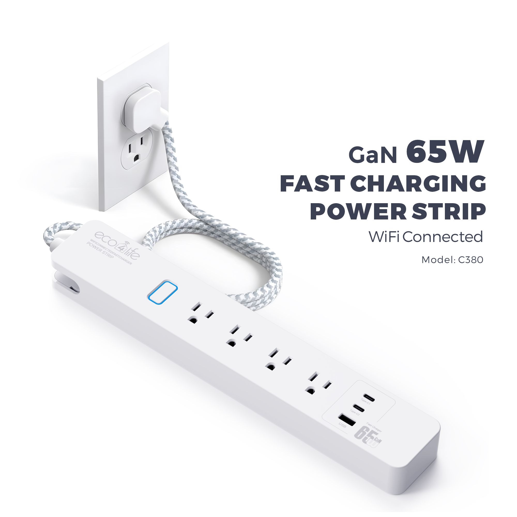 eco4life C380N 6-ft 4 -Outlet 2 -USB Ports Indoor White Power Strip